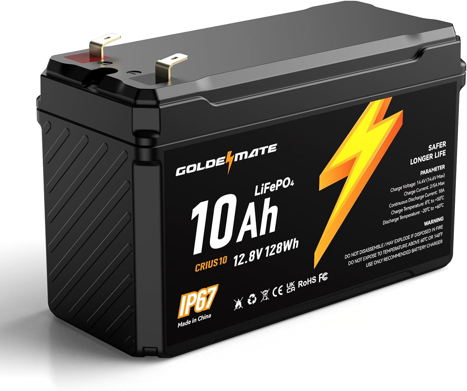 GOLDENMATE 12V 10Ah Lifepo4 Lithium Battery, 5000+ Deep Cycles, IP67 Waterproof