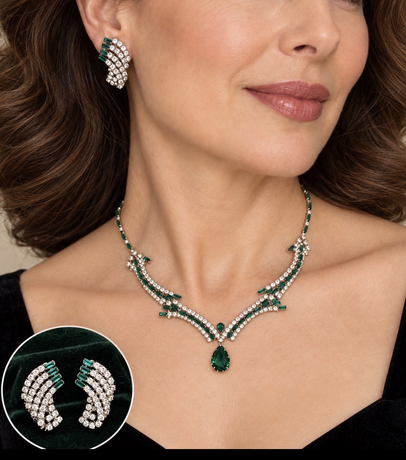 Vintage HOBE Signed Emerald Green Rhinestone Necklace Earrings Set 1950s 1960s