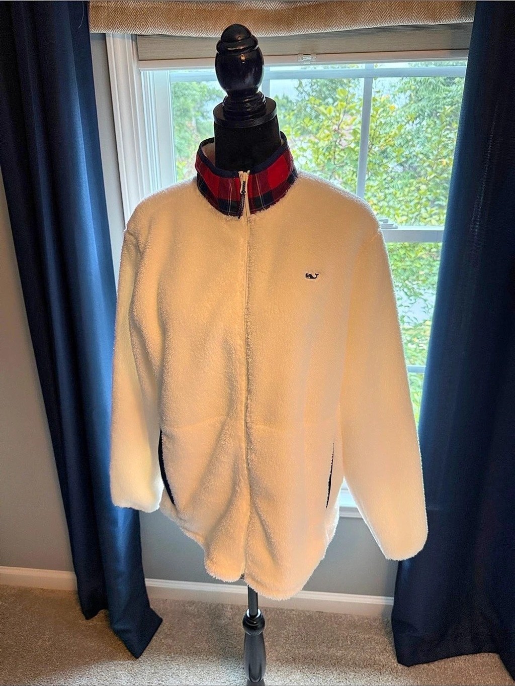 Vineyard Vines On-The-Go Full Zip Sherpa Jacket Plaid White & Red Medium