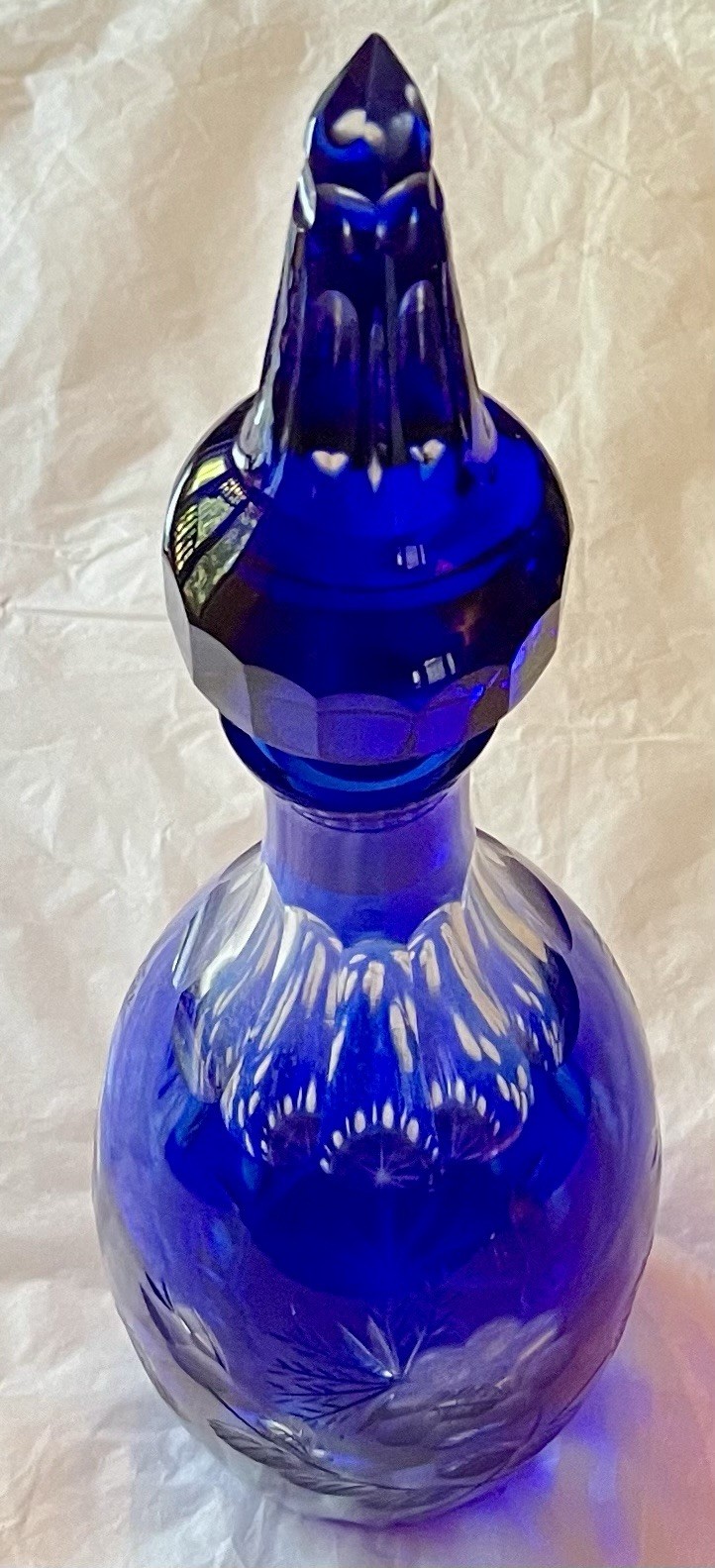 Bohemian MCM Cobalt Blue Glass Decanter W/Stopper Etched Handcrafted 15.5”VTG Bohemian MCM Cobalt Blue Glass Decanter W/Stopper Etched Handcrafted 15.5”VTG