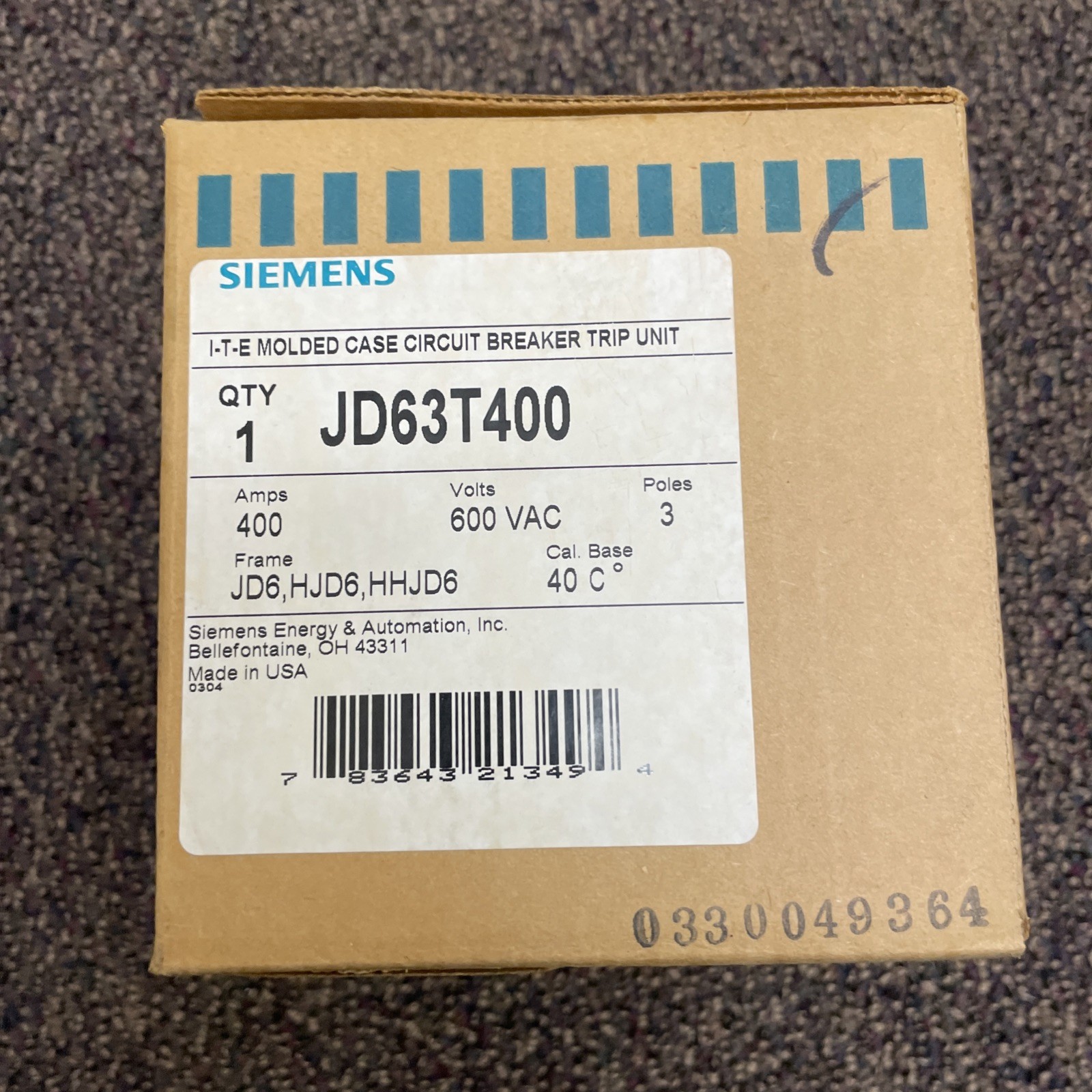 JD63T400 Siemens Trip Unit 400A 600V 3P New in box JD63T400 Siemens Trip Unit 400A 600V 3P New in box