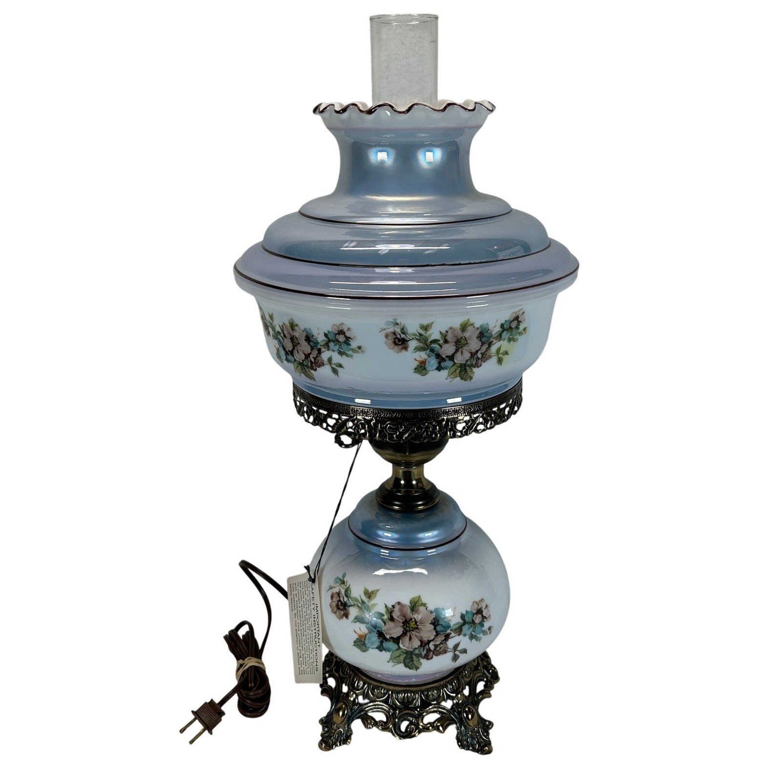 Vintage Gone With The Wind Style Jimco Blue Floral Hurricane Lamp T-8540NL NEW