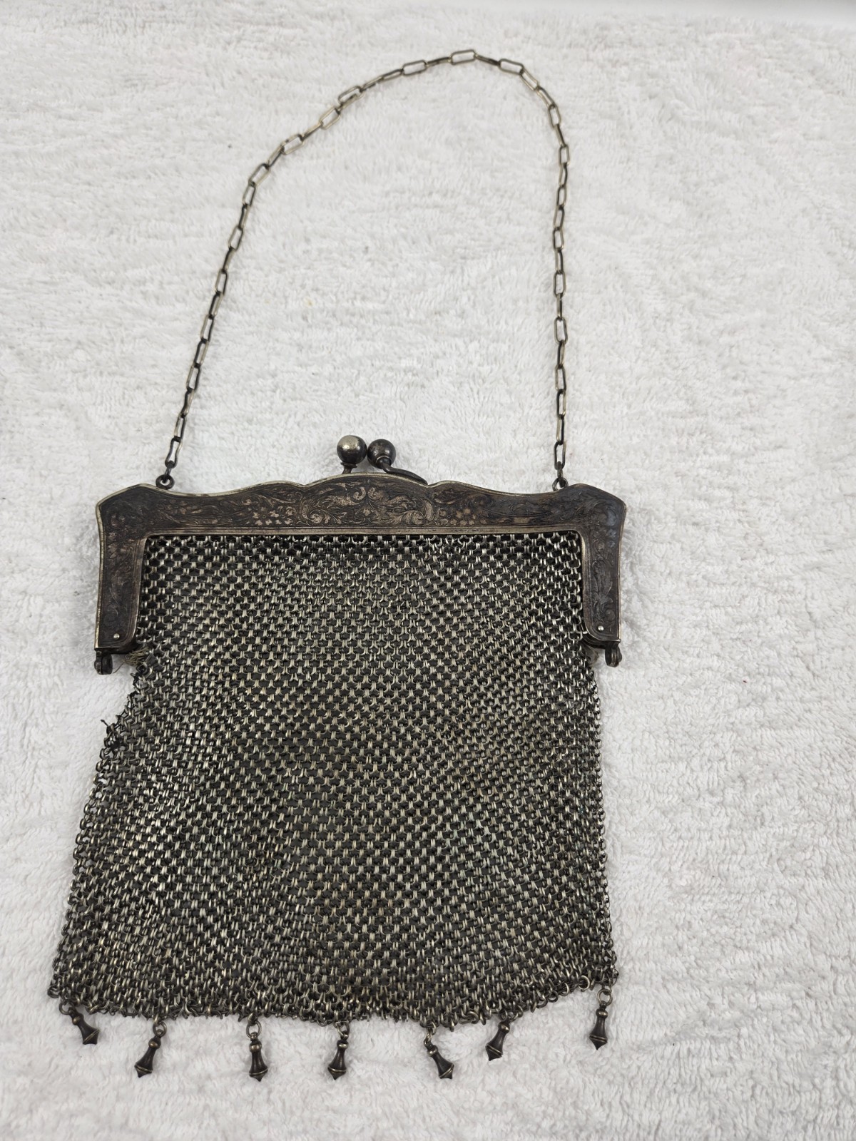 Vintage Antique GERMAN SILVER Mesh Evening Bag Ornate Hanging Beads 6 X6 Inches Vintage Antique GERMAN SILVER Mesh Evening Bag Ornate Hanging Beads 6 X6 Inches