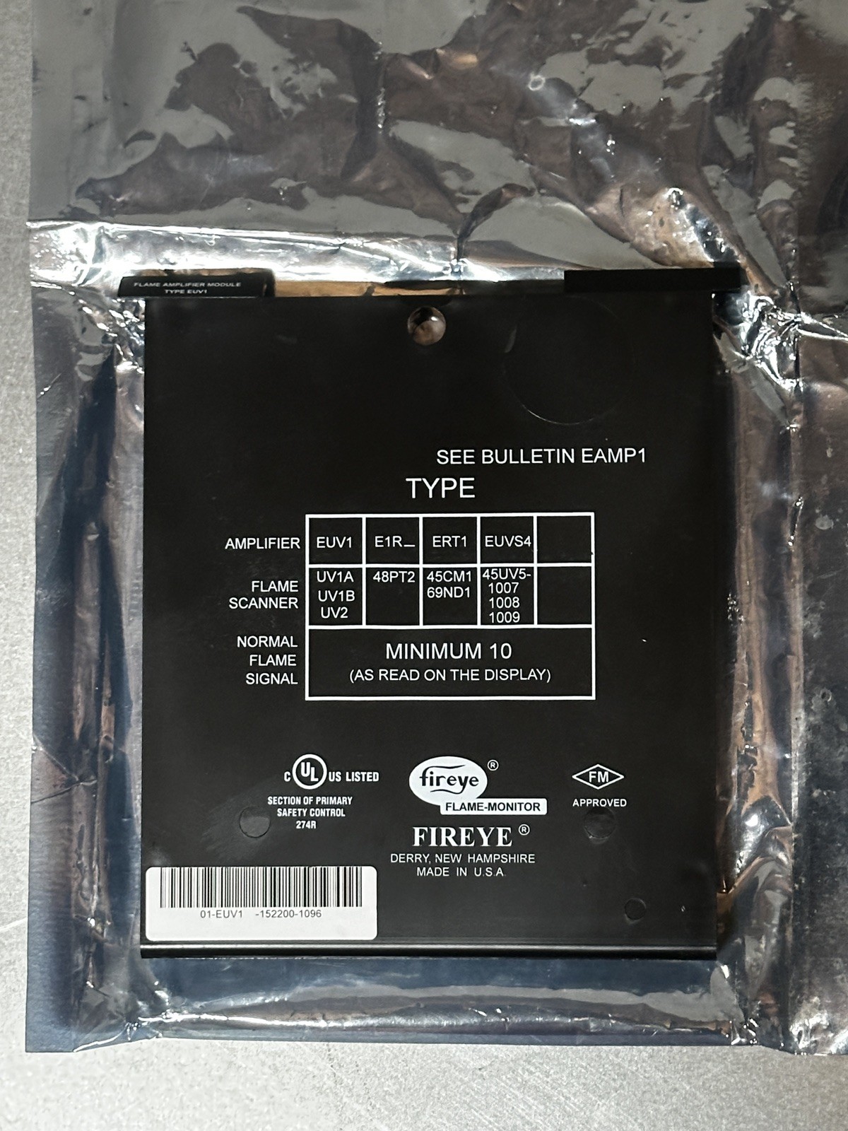FIREYE EUV1 ULTRAVIOLET FLAME AMPLIFIER New EUV1