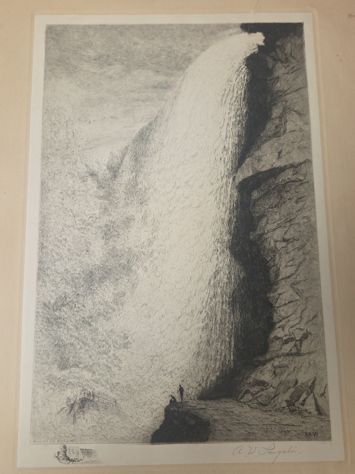 1886 A.W. Sangster Niagara Falls Cave of Winds Etching Signed Remarque