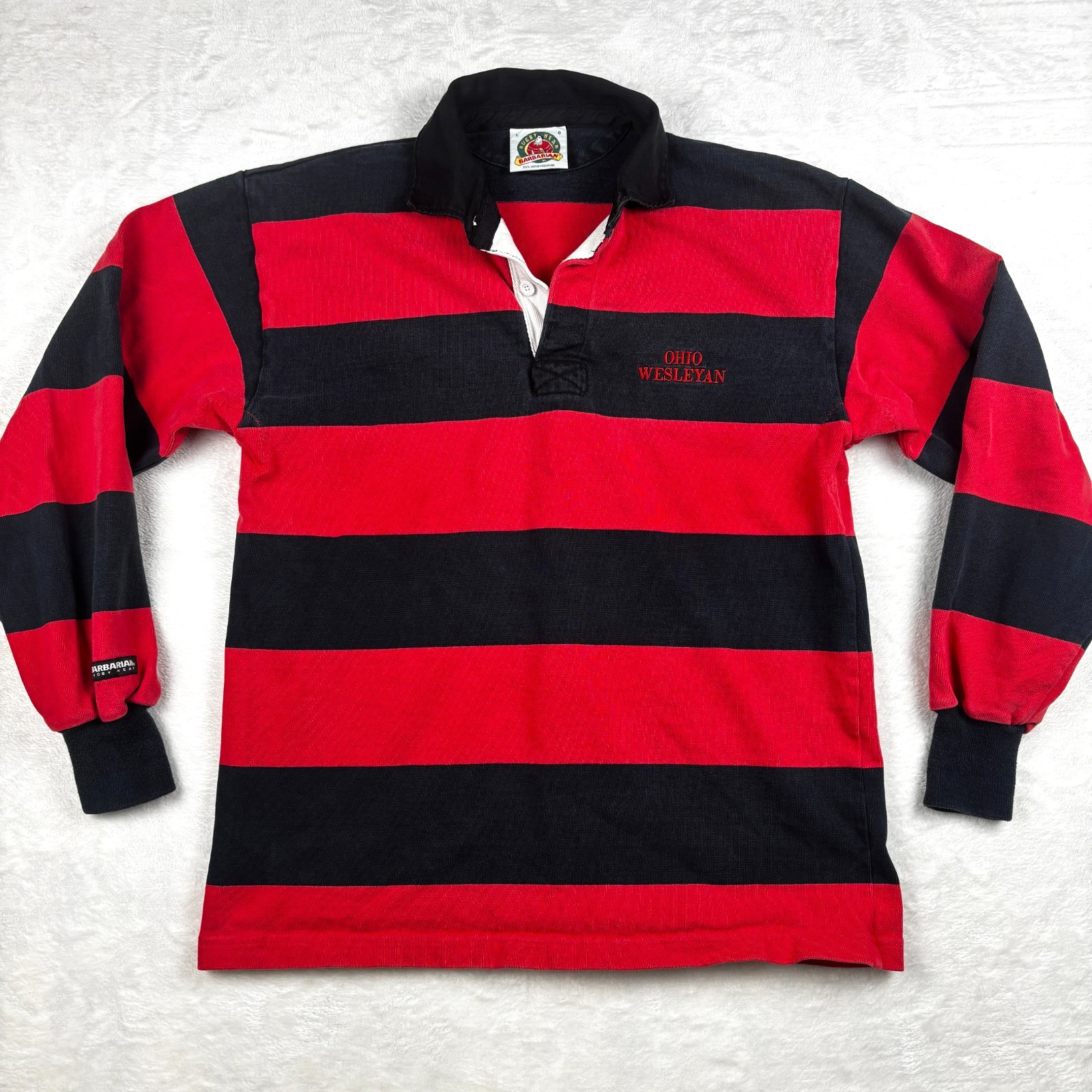 VTG Barbarian Rugby Shirt Mens L Red Black Striped Ohio Wesleyan University OWU VTG Barbarian Rugby Shirt Mens L Red Black Striped Ohio Wesleyan University OWU