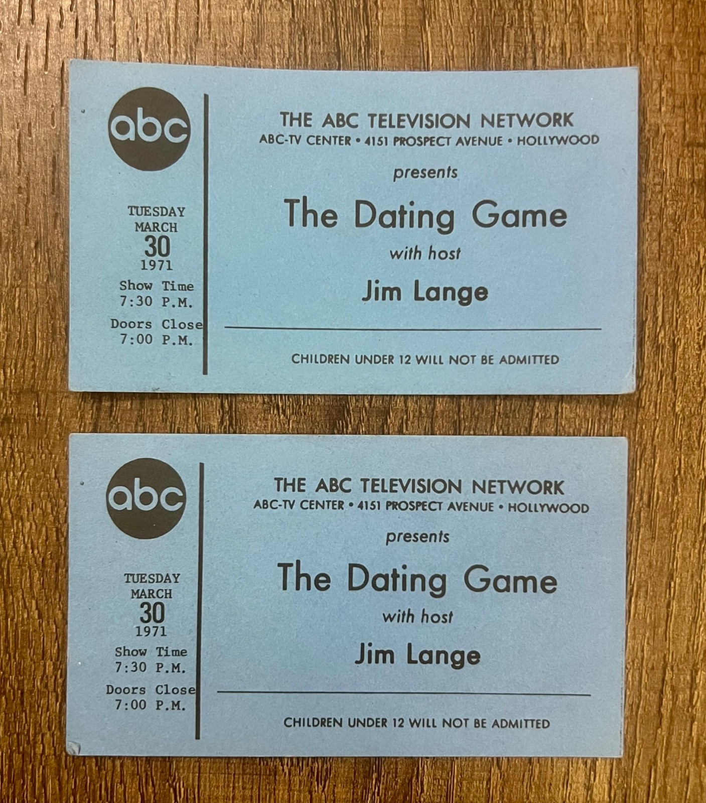2 Vintage 1971 The Dating Game ABC TV Audience Tickets Jim Lange Hollywood