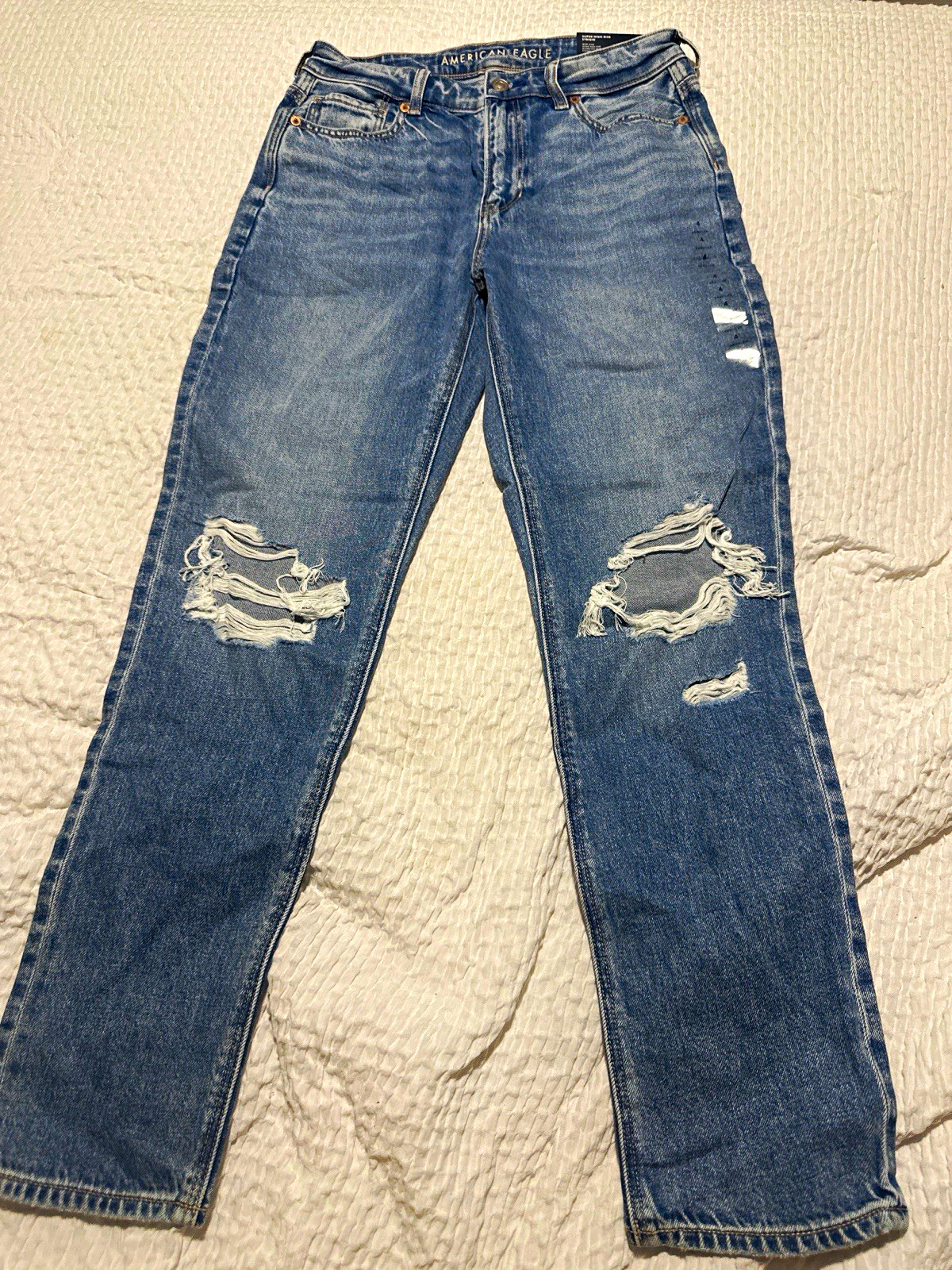 American Eagle Women’s Blue Mom Jeans High-Rise Distressed Light Wash, Size 4