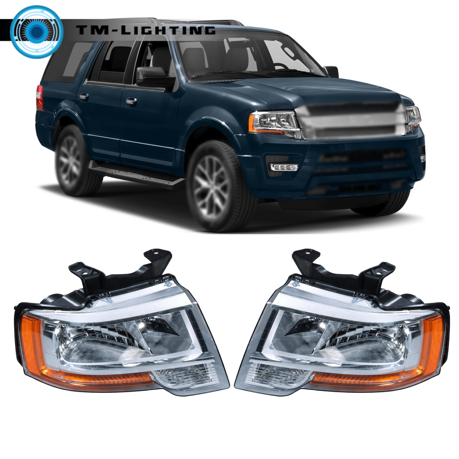 Halogen For 2015-2017 Ford Expedition Left+Right Side W/O Lens Chrome Headlights