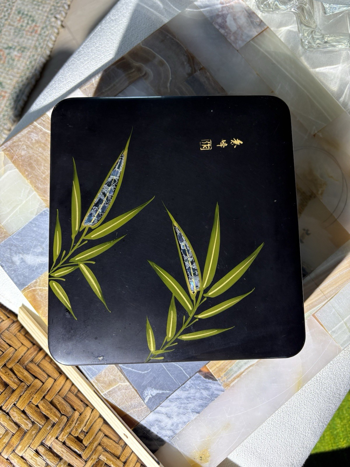 Vintage Japanese Aizu Lacquer Box Shunpo Maki-e Gold Bamboo Mother of Pearl,Red
