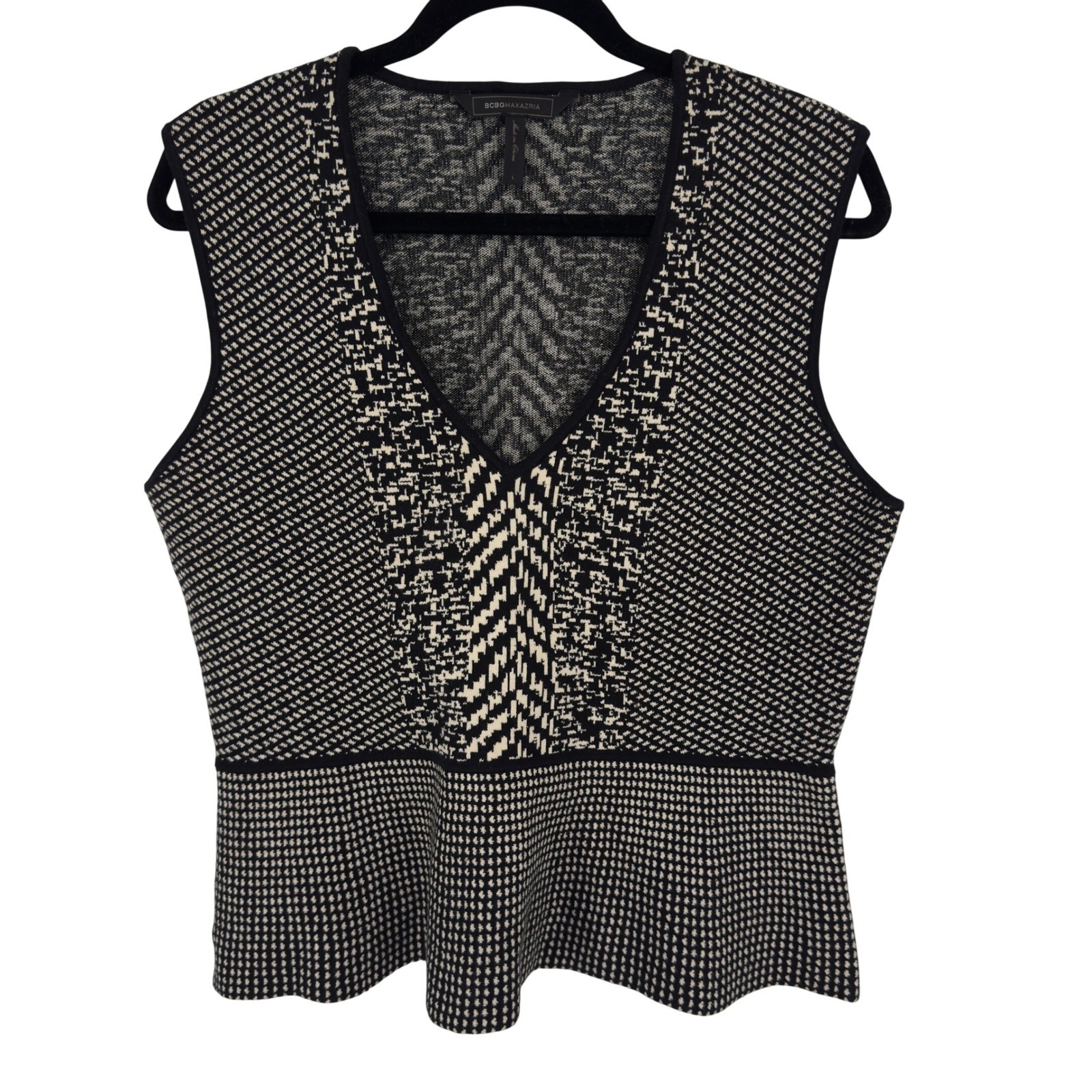 BCBGMAXAZRIA Black Cream Jacquard Knit Peplum V-Neck Sleeveless Top Large