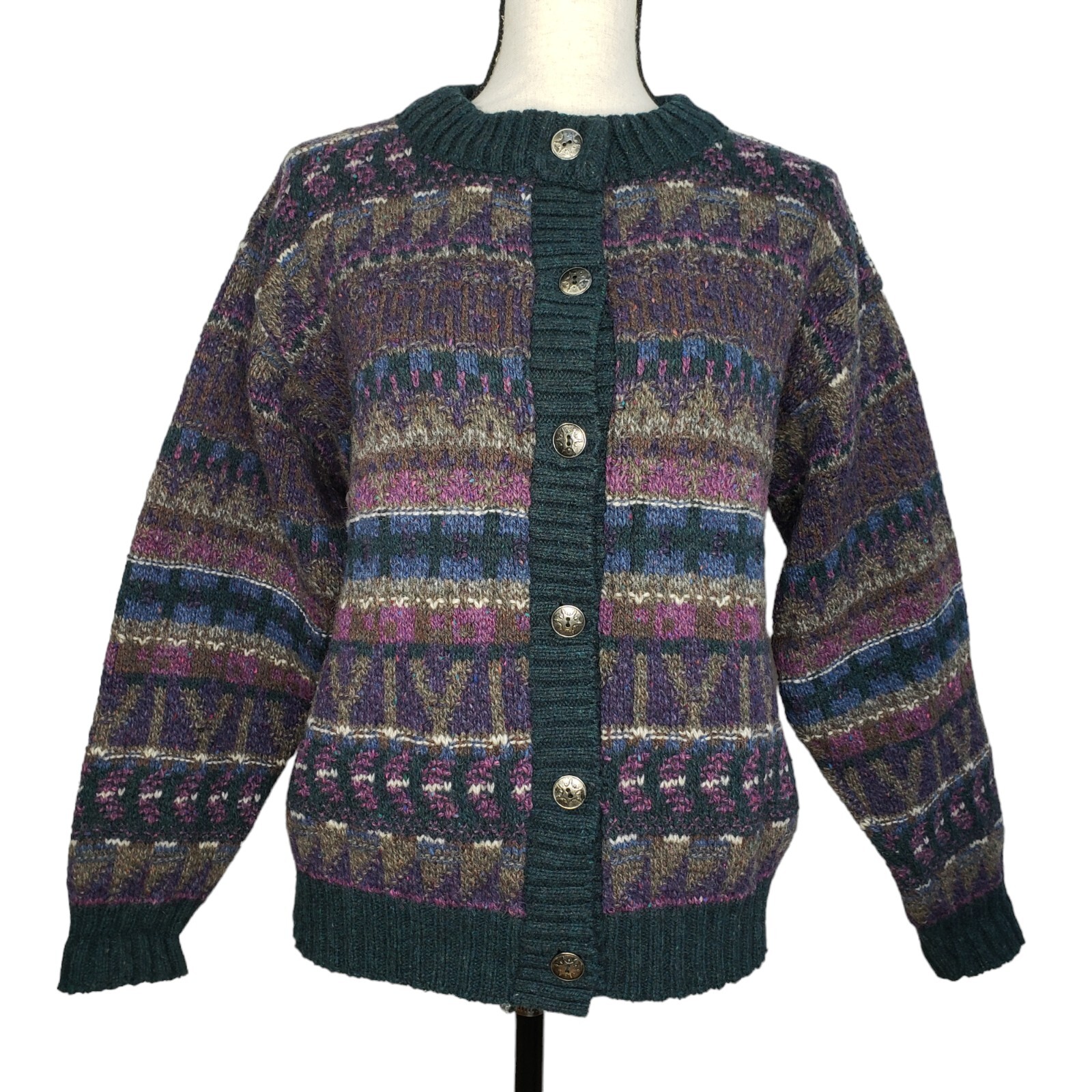 Vintage Coldwater Creek Cardigan Sweater Medium L/S Fair Isle Green Purple USA Vintage Coldwater Creek Cardigan Sweater Medium L/S Fair Isle Green Purple USA
