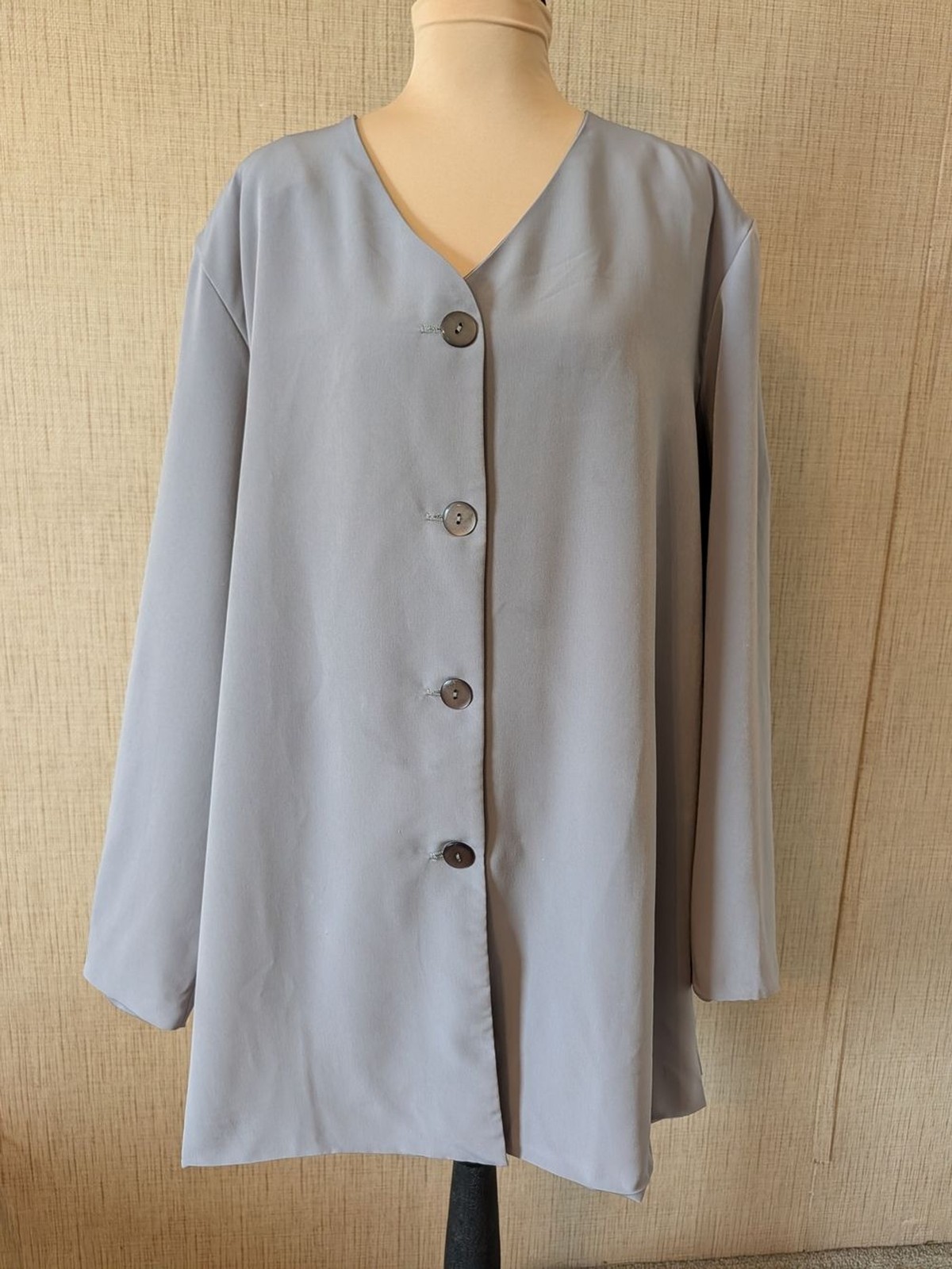 Susan Graver Light Gray V-Neck Button-Front Blouse
