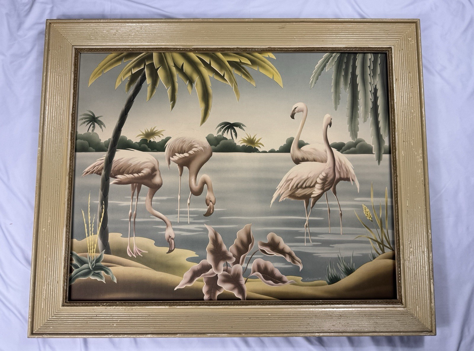 Vintage Turner Flamingo Lithograph Framed MCM Tropical Wall Art Coastal Decor