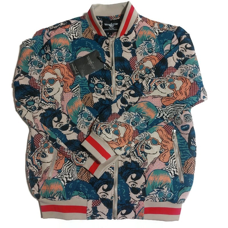VIP Collection Faces Tapestry Bomber Jacket Retro Graphic Streetwear Mens L