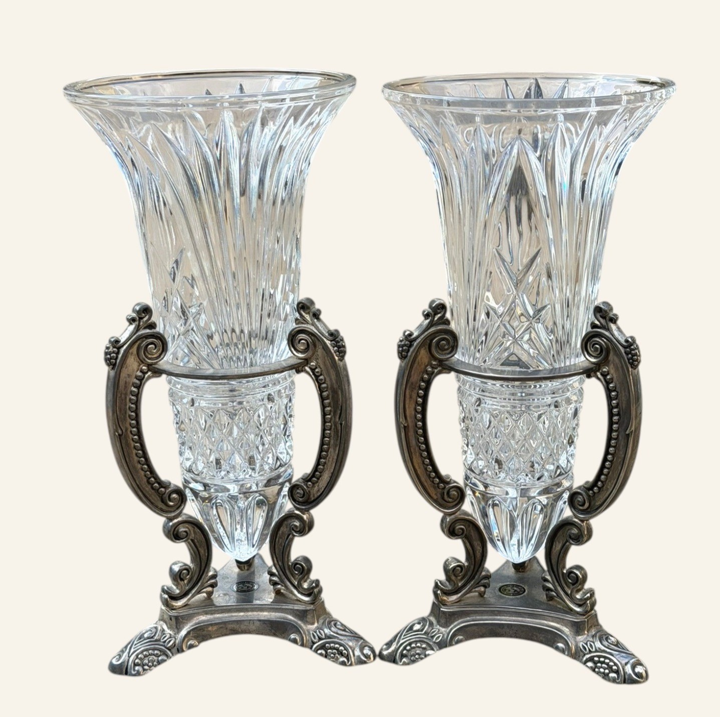 Vintage Godinger Cut Crystal Urn Vases Silverplate Ornate Stands Pair 11