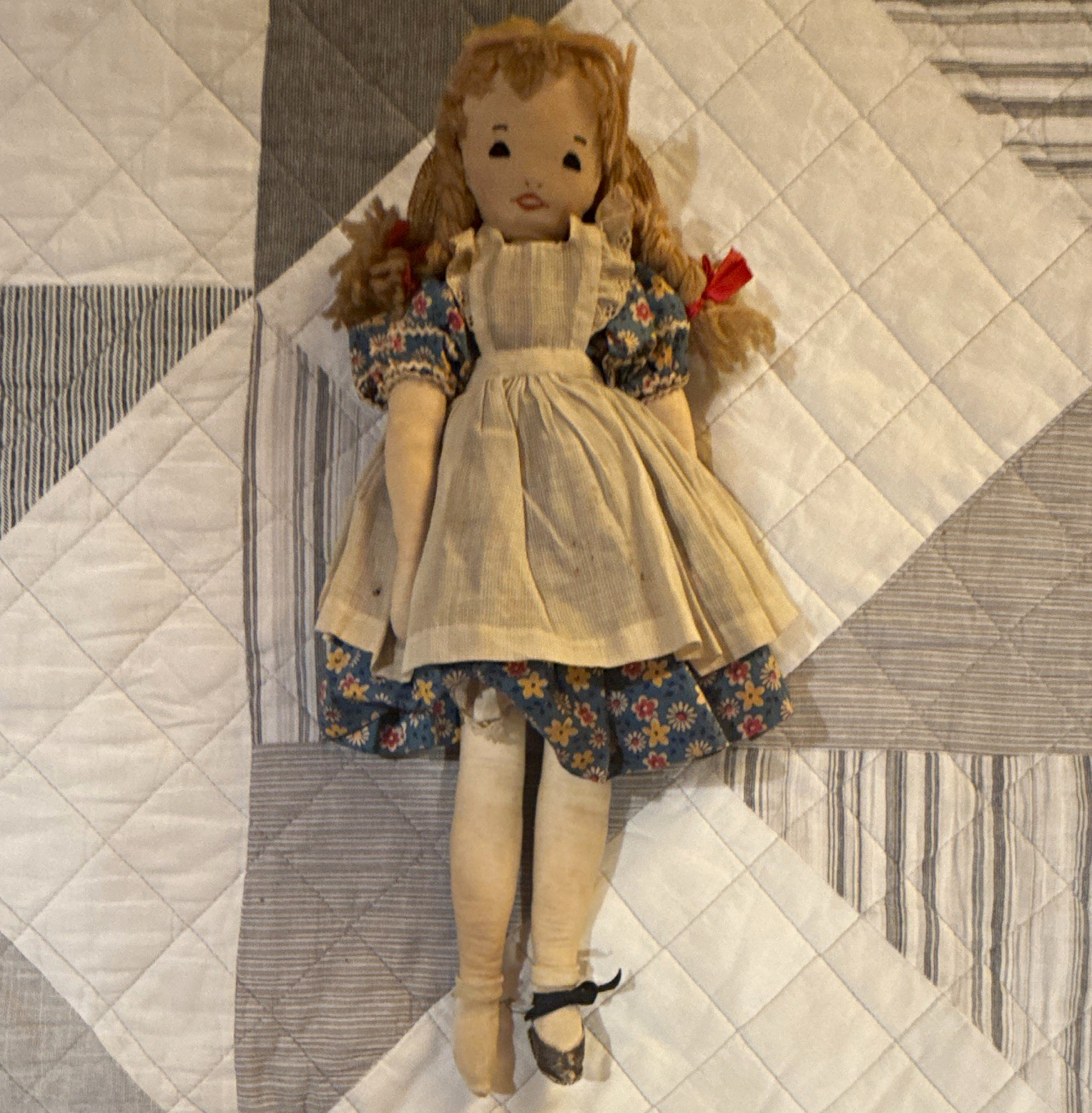 Vintage Edith Flack Ackley cloth doll Braided Hair Floral Dress Apron Straw Hat