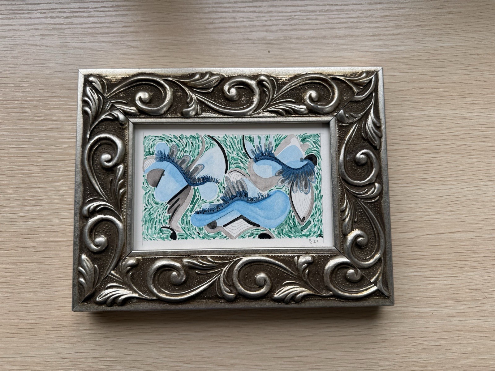 Original Abstract Watercolor Painting Framed 4x6 Blue Green Ornate Silver Frame