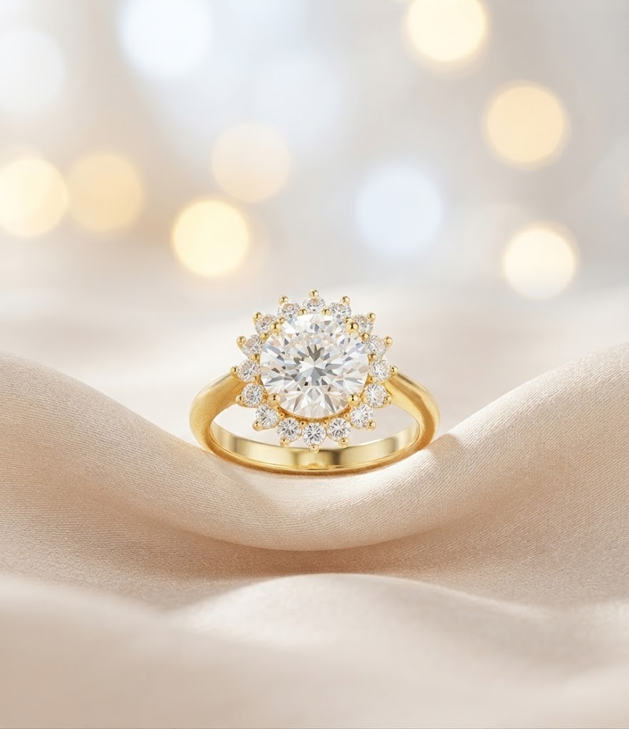 14k Gold Plated Double Halo Cluster Ring, Round CZ Diamond Engagement Statement