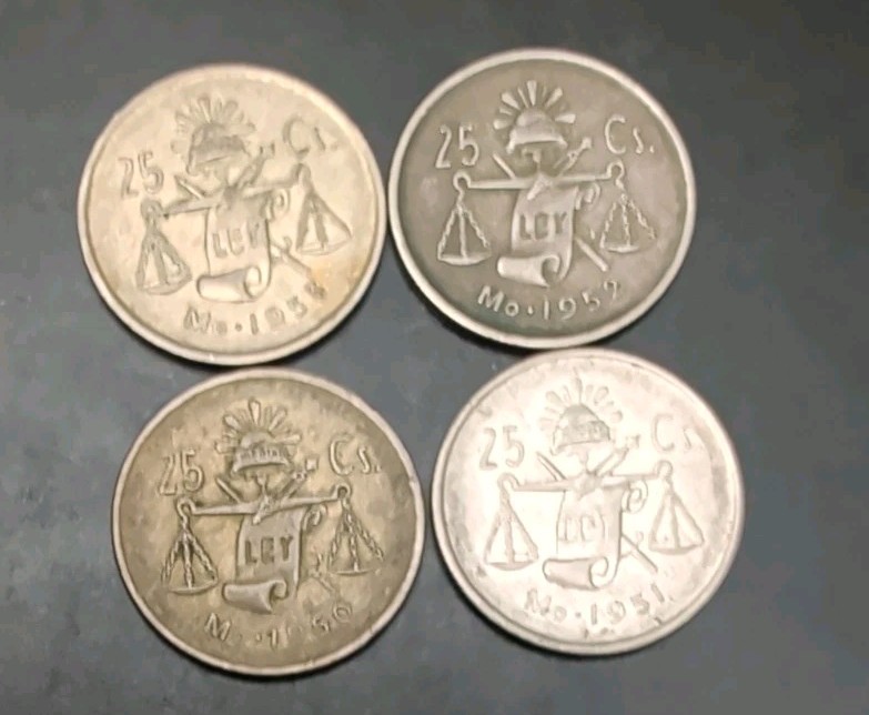 1950, 1951, 1952, 1953 Mexico 25 Centavos Coins #4