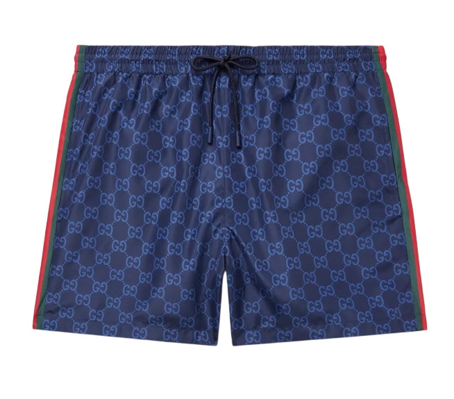 Mens Navy Blue Gucci All Over GG Signature Logo Print Side Stripes Swim Shorts