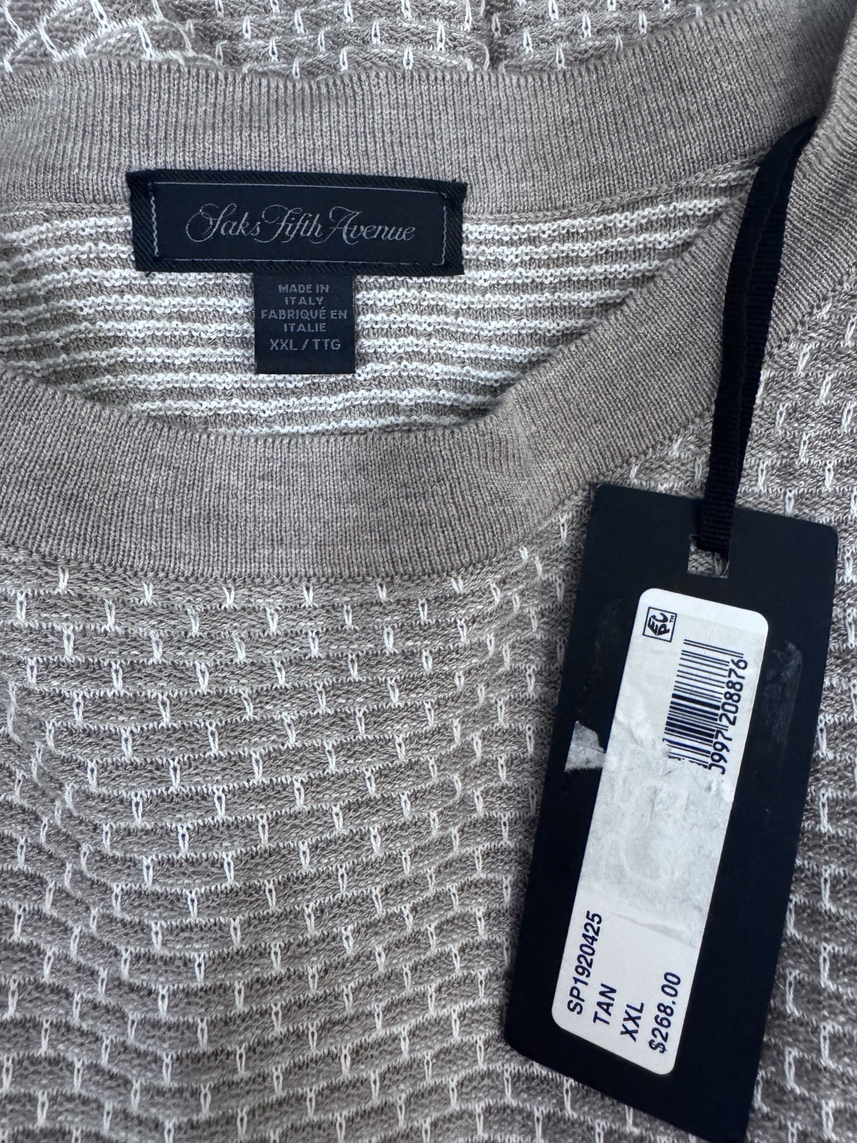 Men’s Waffle Knit Silk Cotton Sweater.  Saks Fifth Avenue NWT. Elevated Luxury .