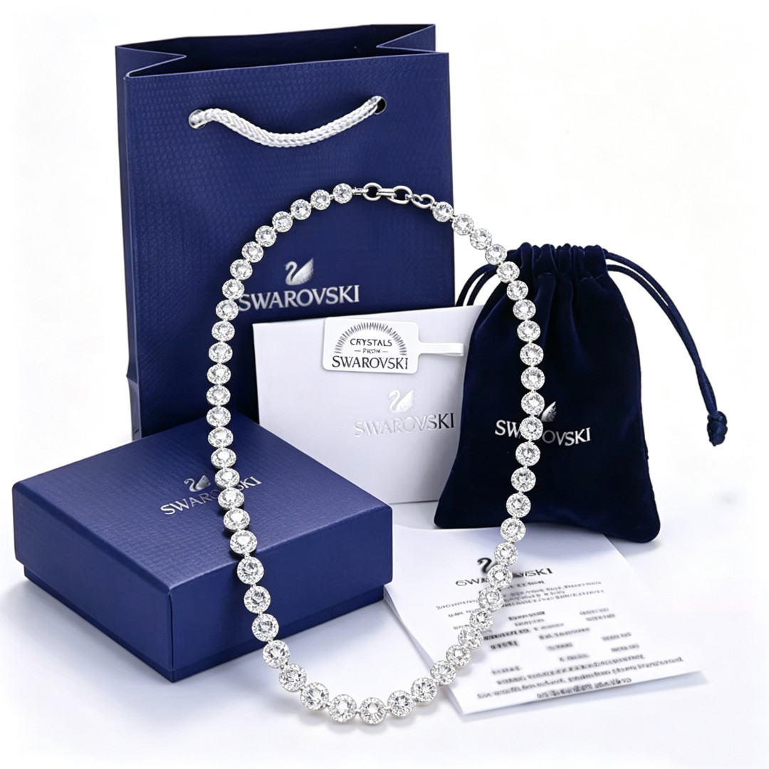 100% Authentic Swarovski Angelic Tennis Necklace Round Crystal Silver Gift Box