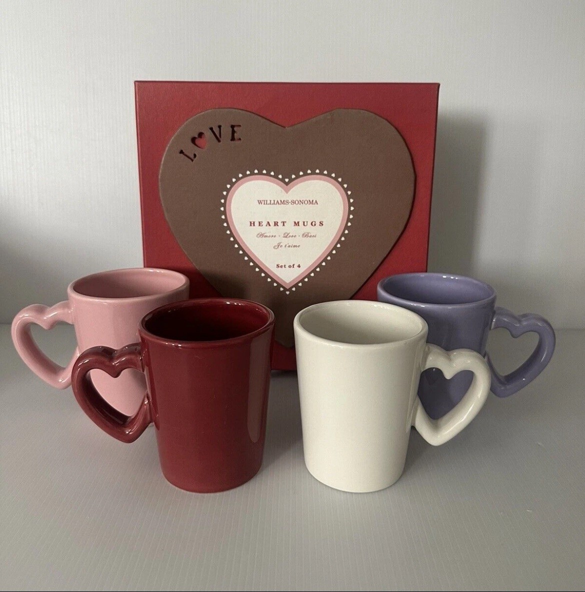 (4) Williams Sonoma ~ HEART Handle MUGS Coffee Cups Amore Love Baci NEW in box