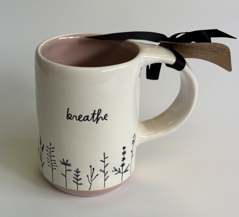 Rae Dunn White & Blush Pink Mug With Floral Pattern- BREATHE- New Rae Dunn White & Blush Pink Mug With Floral Pattern- BREATHE- New