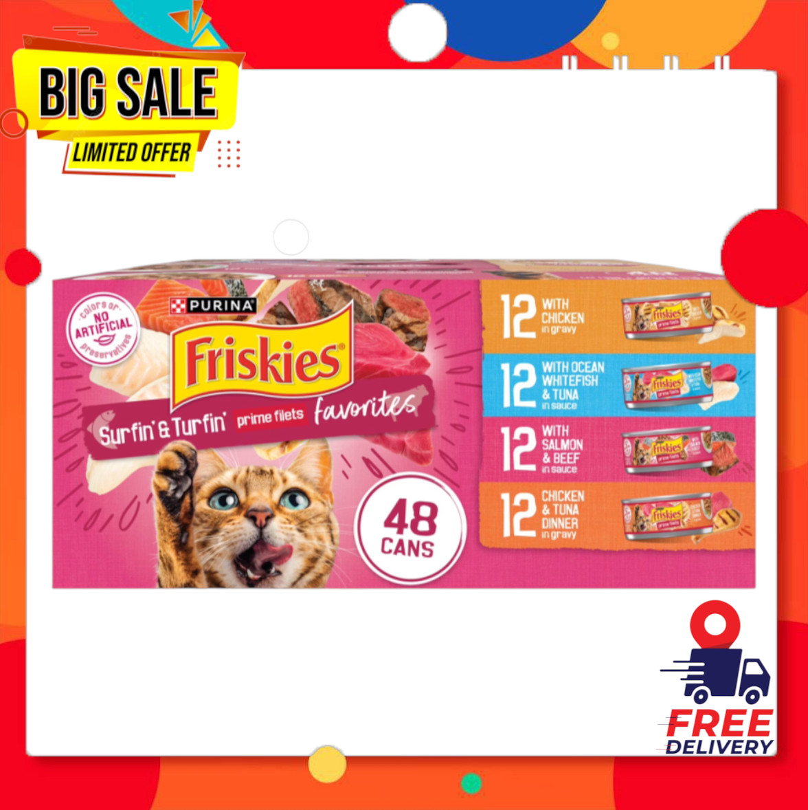Purina Friskies Prime Filets Surfin & Turfin Wet Cat Food Pack, 5.5 oz (48-Pk) Purina Friskies Prime Filets Surfin & Turfin Wet Cat Food Pack, 5.5 oz (48-Pk)