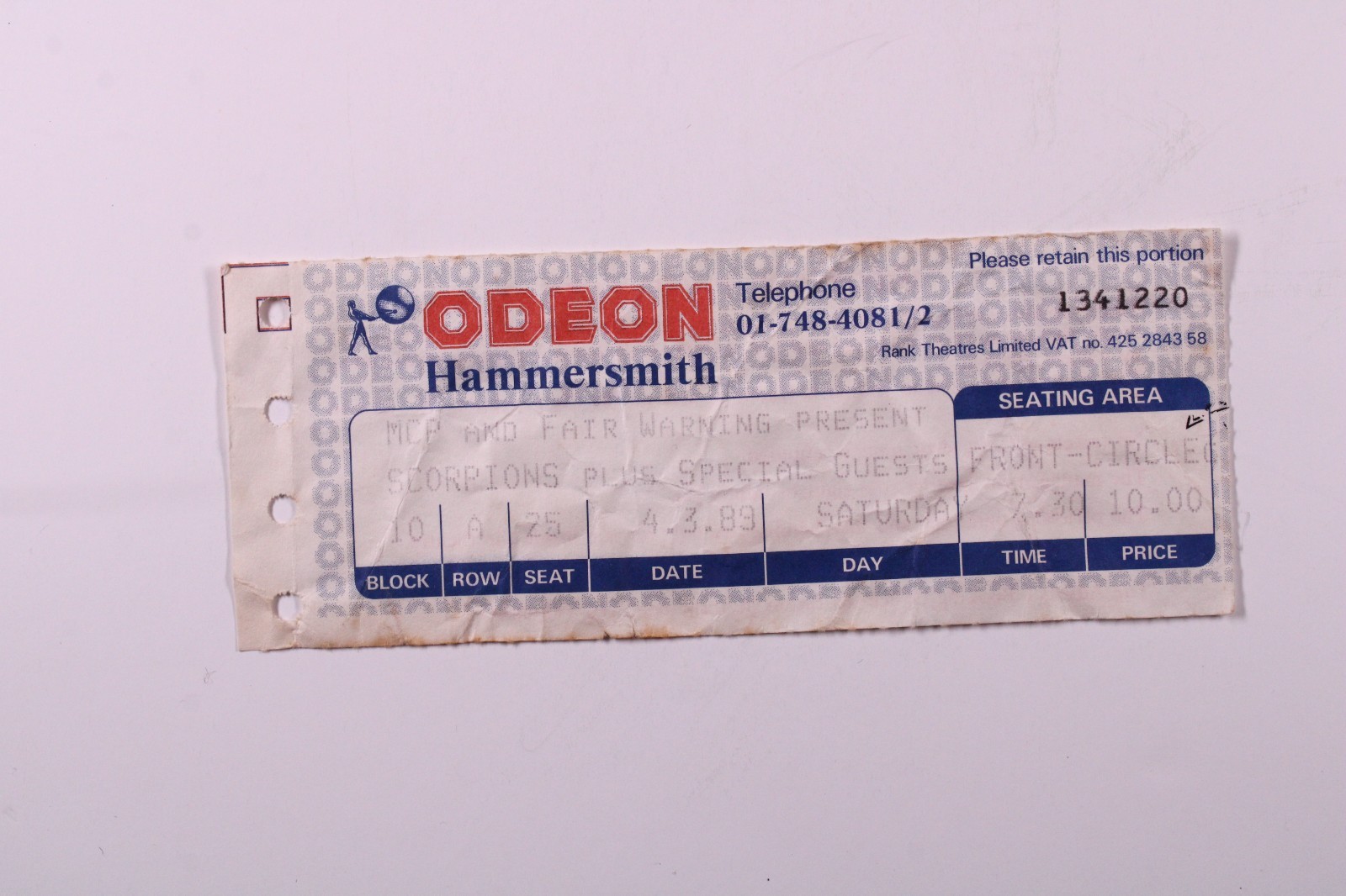 Scorpions Concert Ticket Original Odeon Hammersmith March 4th 1989
