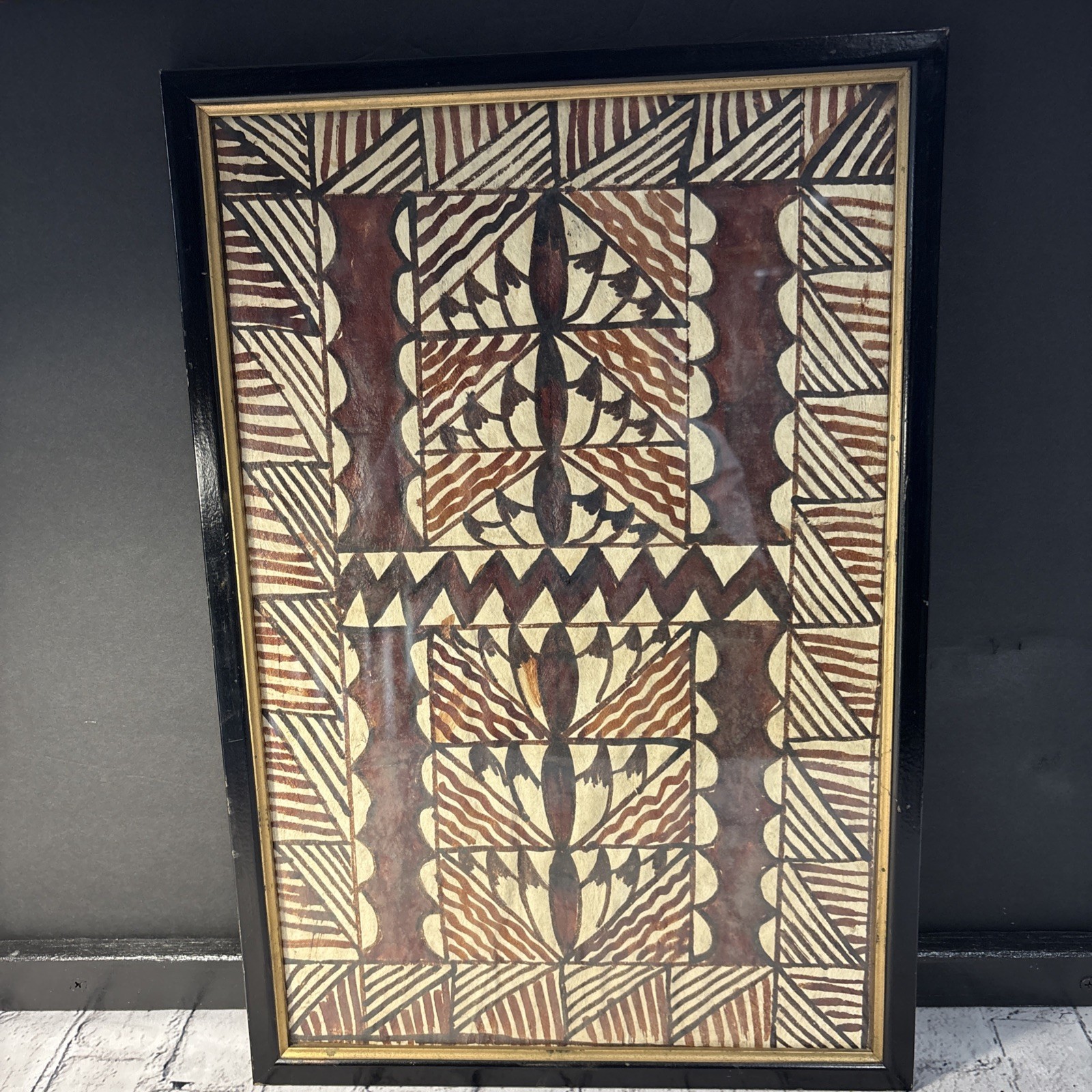 Vintage Framed TAPA Bark Cloth Polynesian Handmade Folk Art Large 13” x 19” 