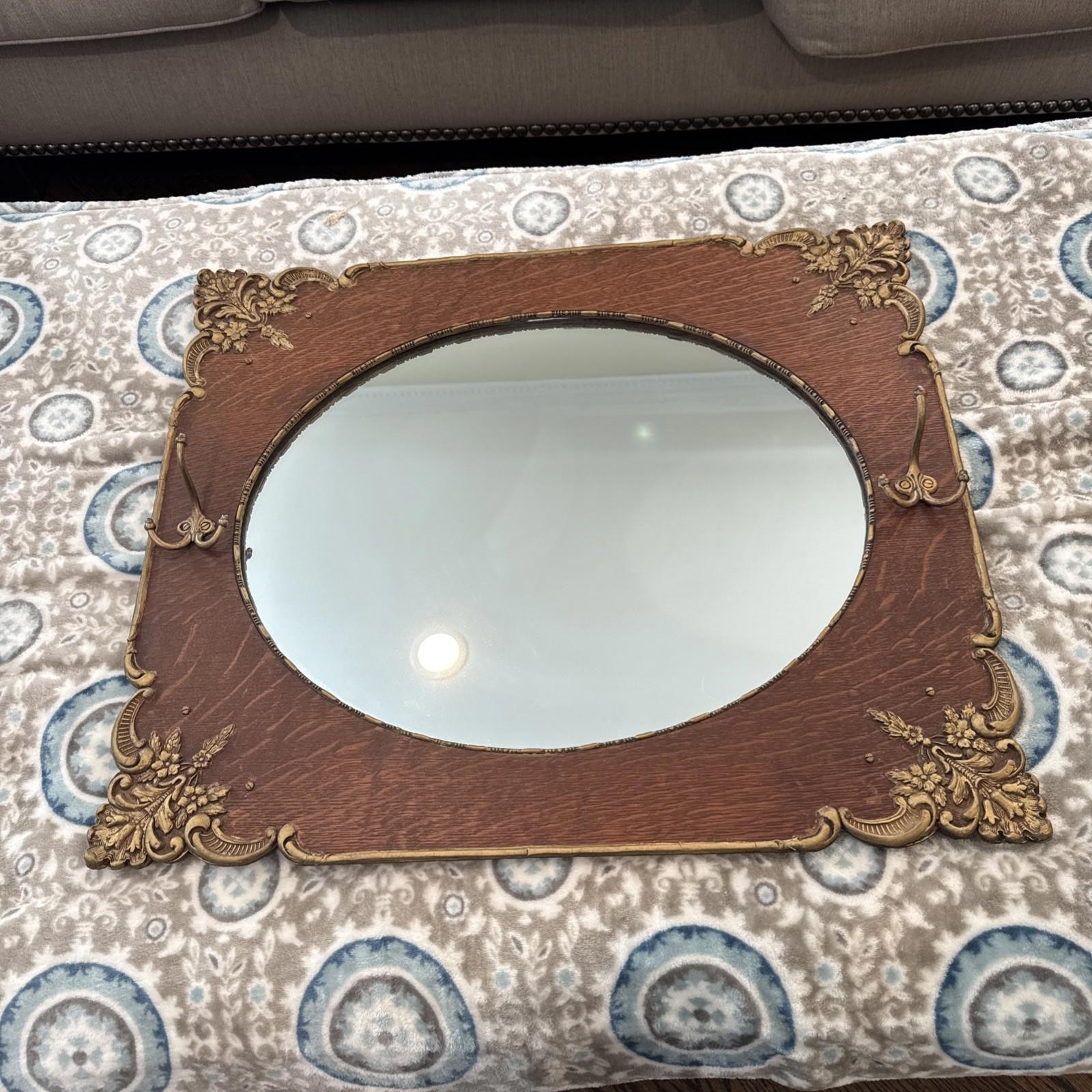 Late 1800’s Victorian Oak Wall Mirror Gold Embossed Floral Design W Hat Hooks Late 1800’s Victorian Oak Wall Mirror Gold Embossed Floral Design W Hat Hooks