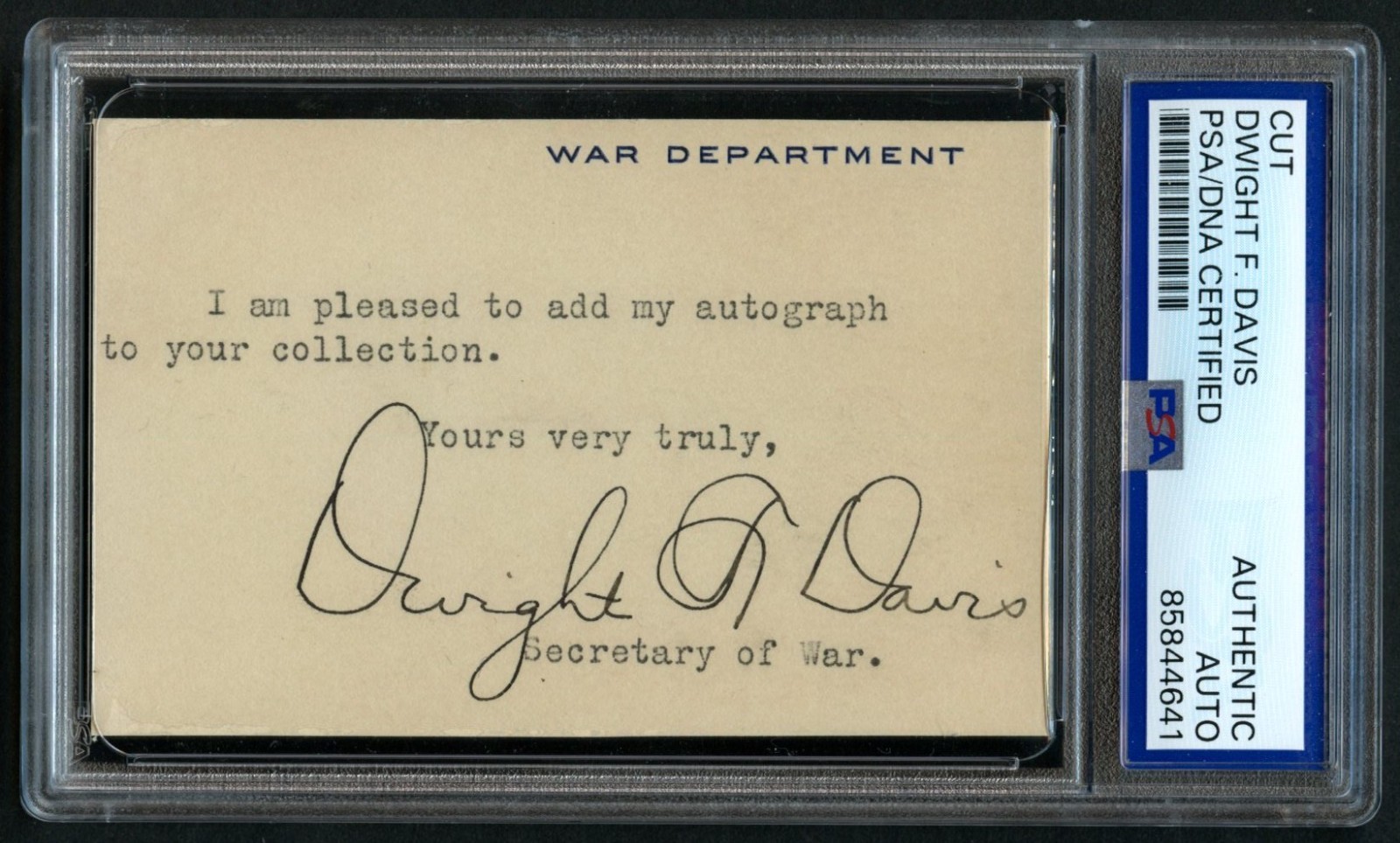 Dwight F. Davis signed auto 2.5x3.5 Cut Sec of War / Founder of Davis Cup PSA