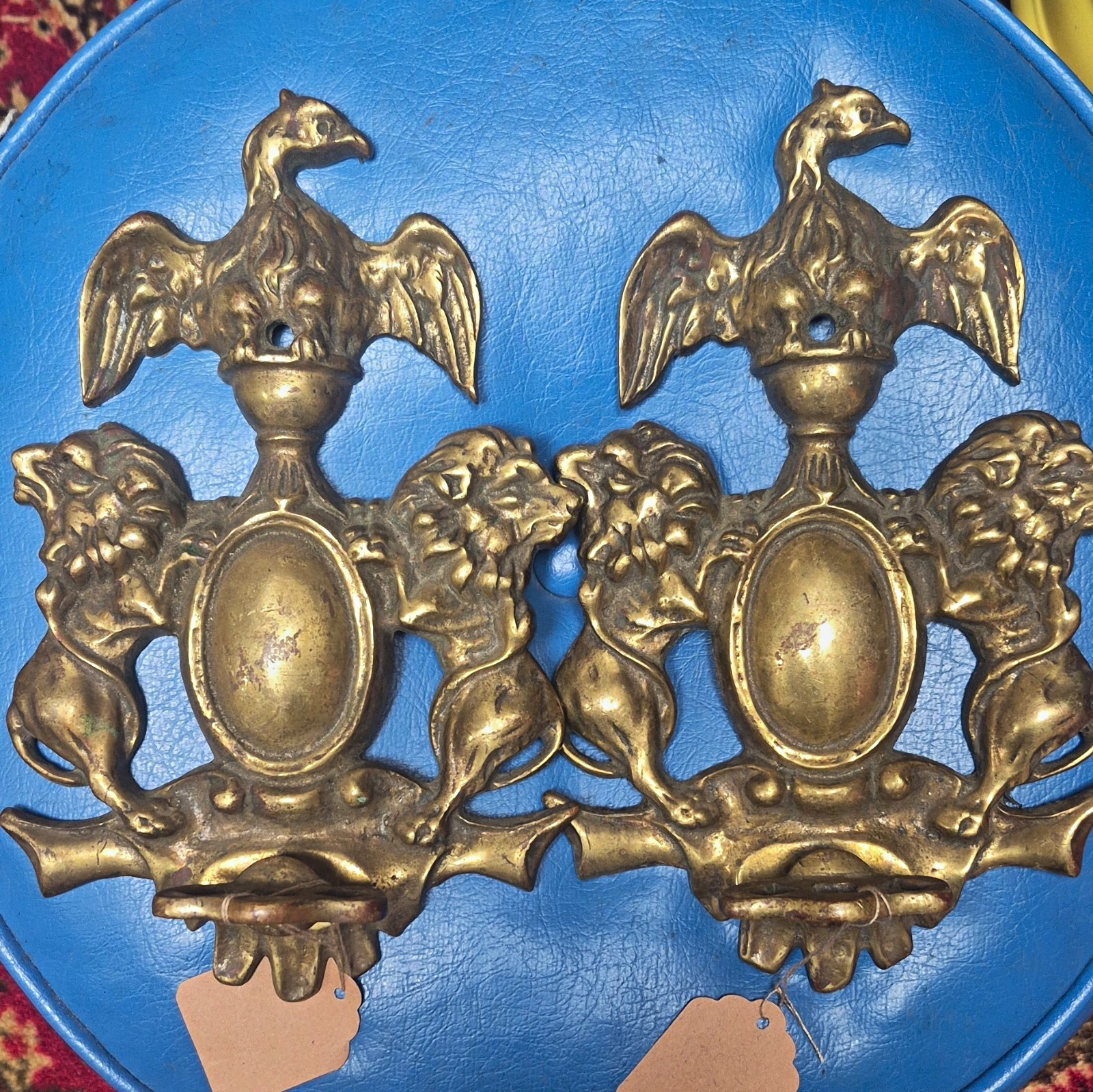 Pair Antique 1800s Brass Eagle & Lion hat or coat hanger 
