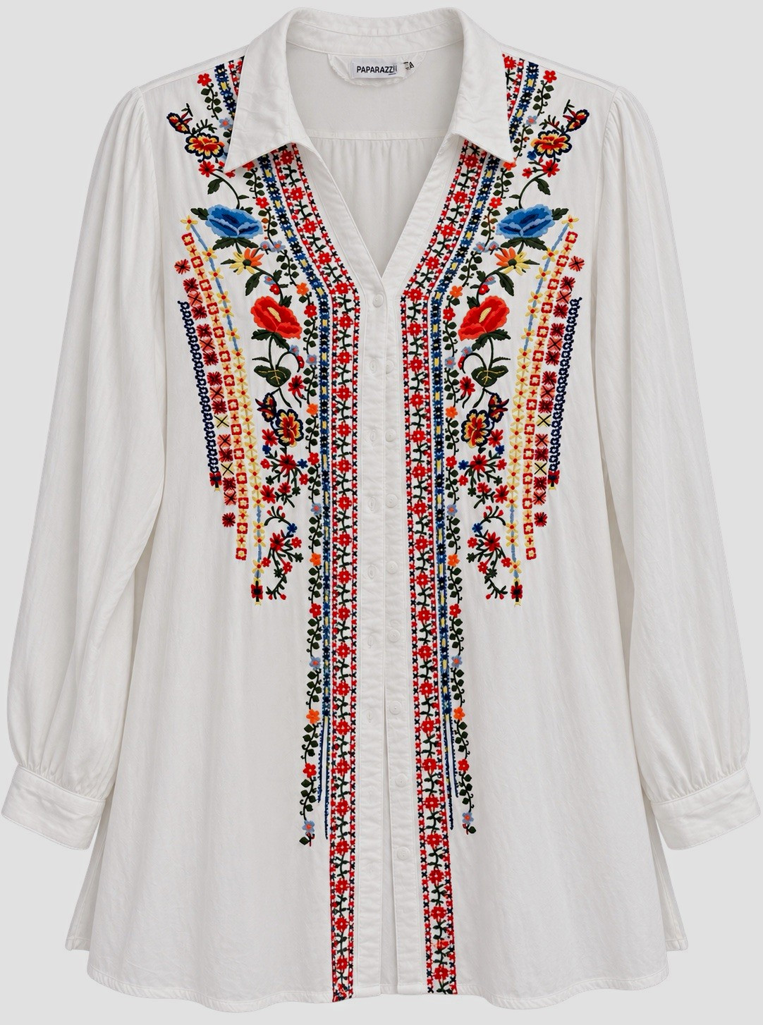 Paparazzi Women’s L White Viscose Floral Embroidered Collared Button Blouse