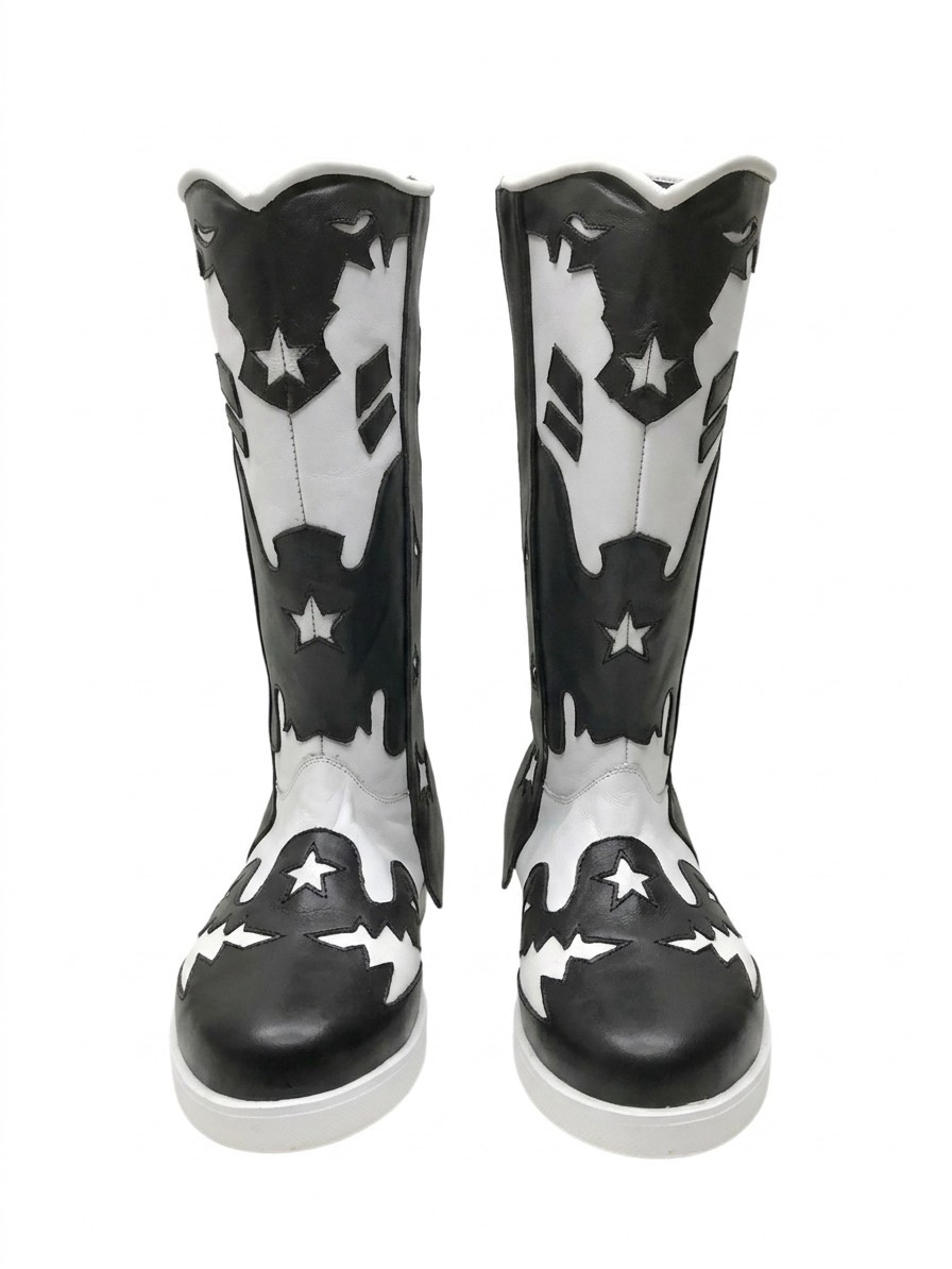 Men\'s Black White Leather Cowboy Wrestling Boots Custom Made Ring Gear