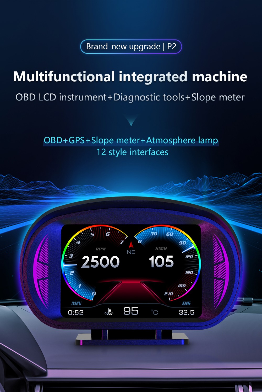 Multifunction Car OBD GPS HUD Digital Speedometer Slope Inclinometer Gauge Dashb