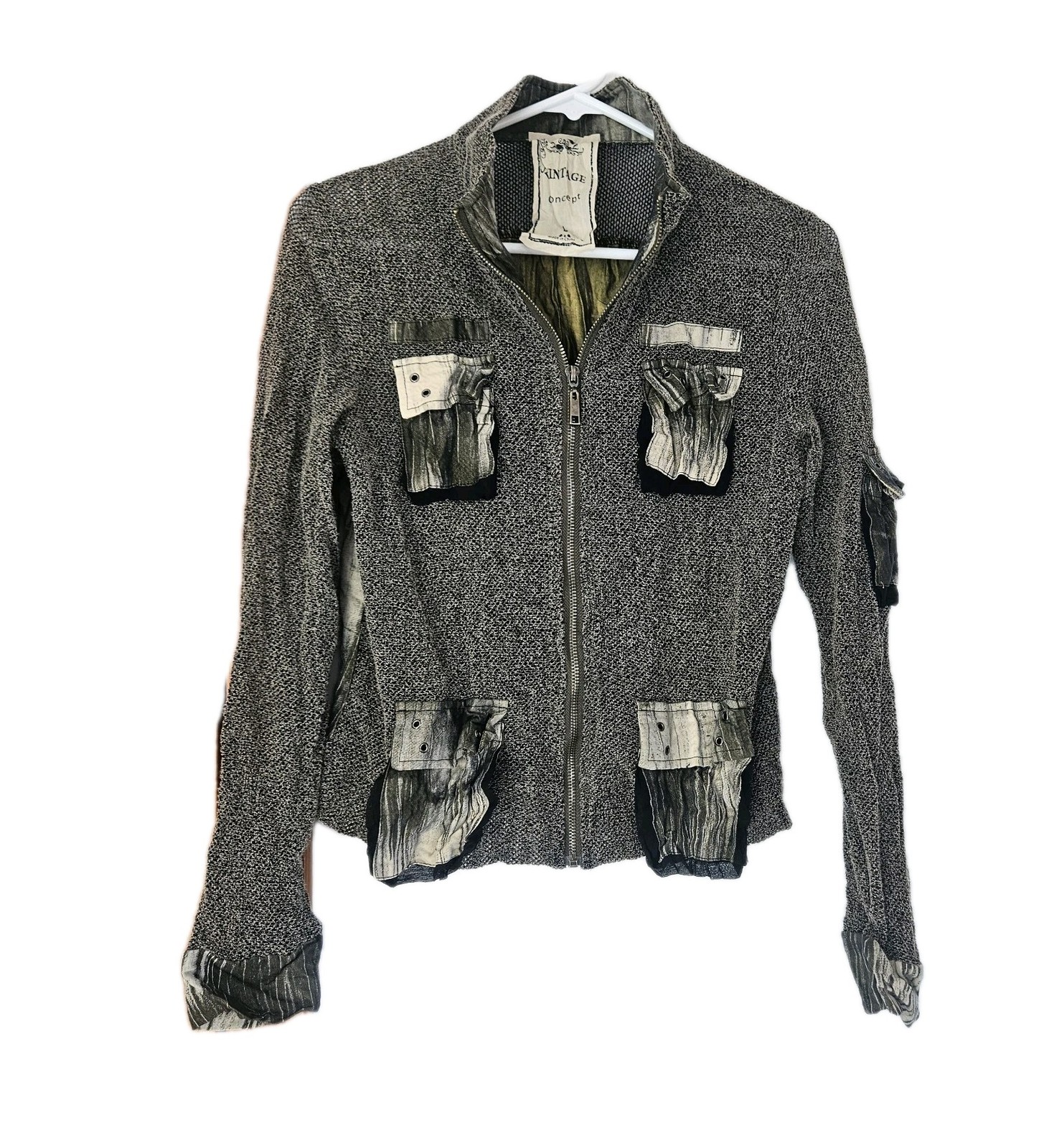Vintage Concept Women\'s  Zip-Up Jacket Top Patchwork Boho Art-to-Wear Gray