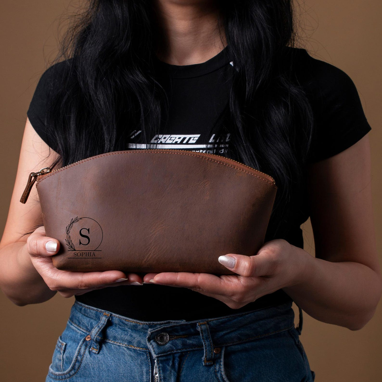 Personalized Leather Nice Best Travel Makeup Bag for Her, Small Cosmetic Bag