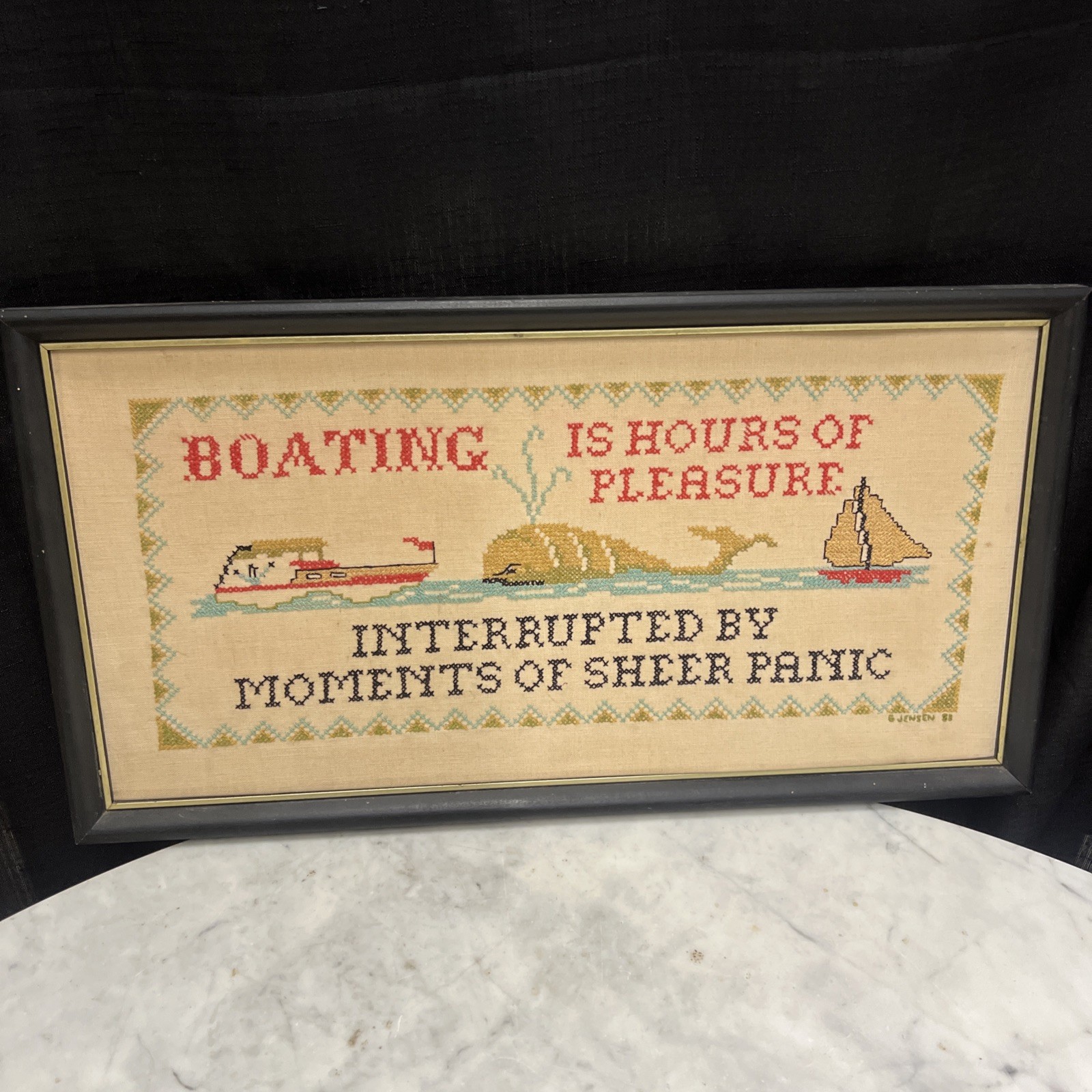 Vintage 1983 Needlepoint Framed Folk Art Nautical Display Vintage 1983 Needlepoint Framed Folk Art Nautical Display