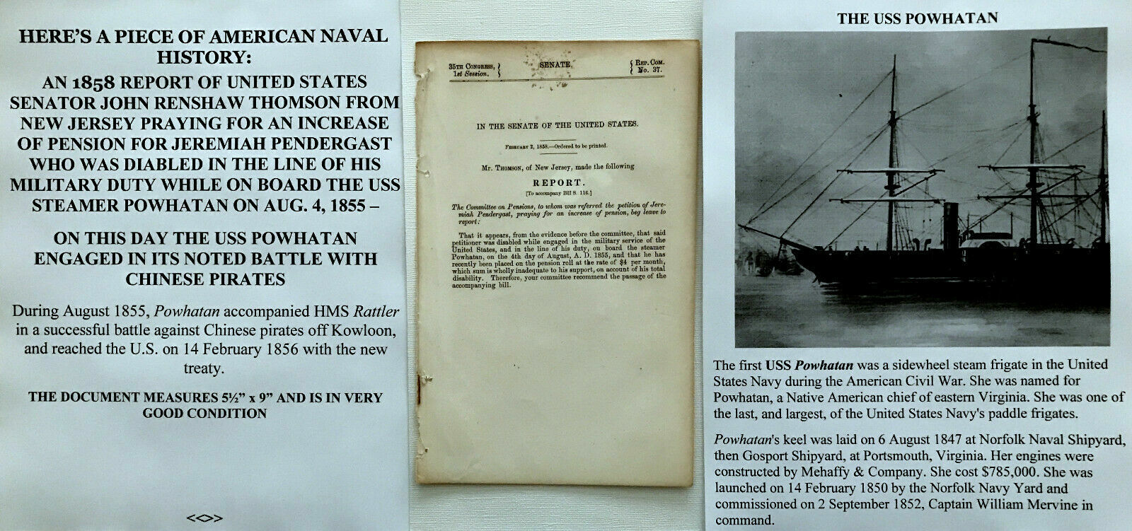 1858 SENATOR RENSHAW NJ USS POWHATAN CHINESE PIRATES BATTLE PENS REPORT DOCUMENT