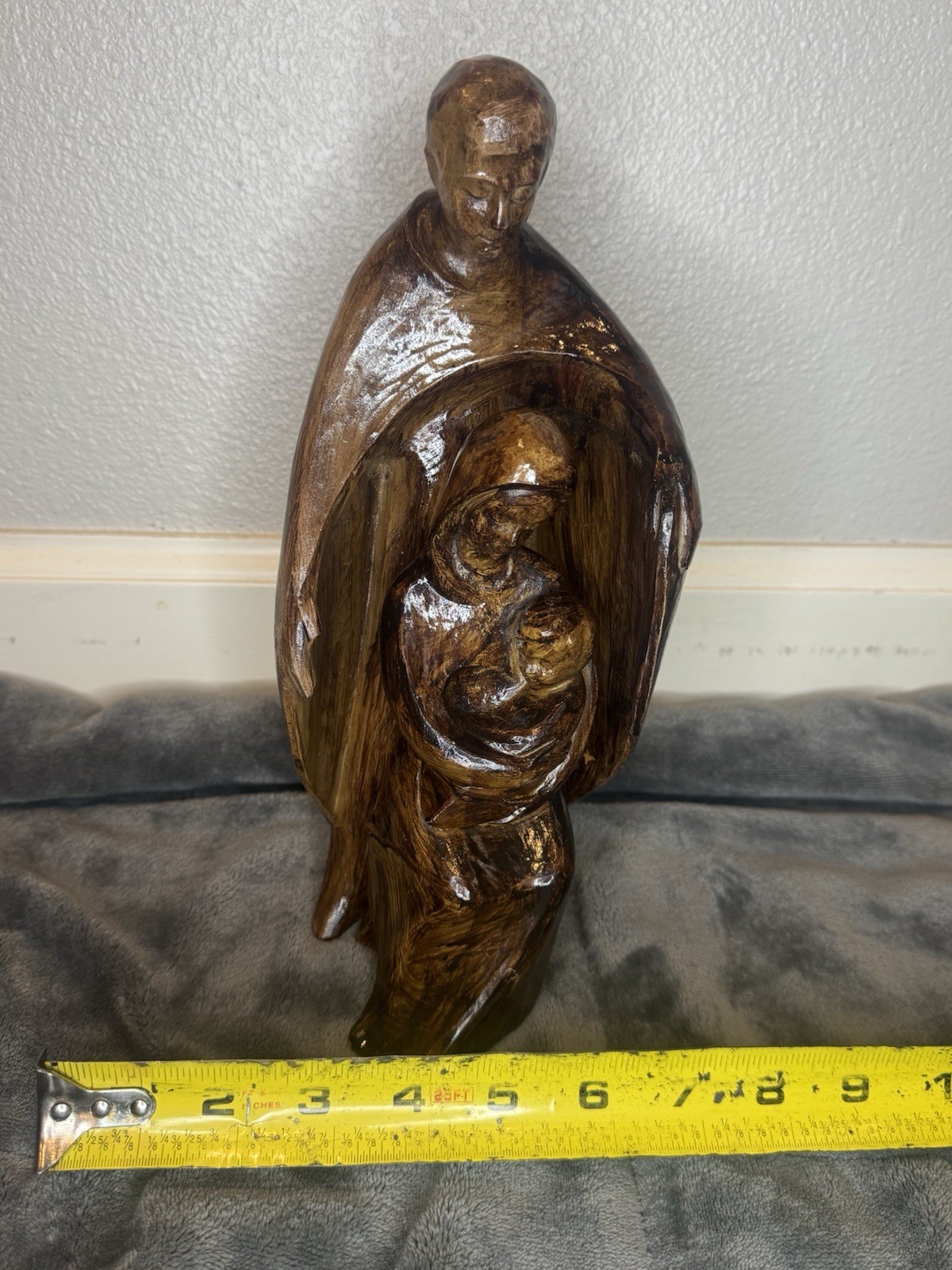 Antique Hand Carved Olive Wood Holy Family Statue Signed Monogram Cross Hallmark