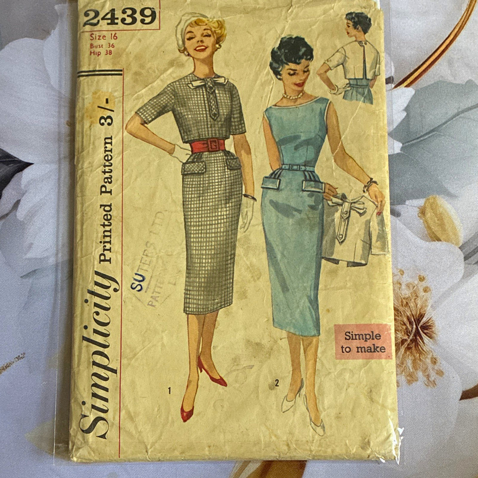 Simplicity 2439 Vintage  Women\'s Dress & Jacket Sewing Pattern Size 16 Bust 36