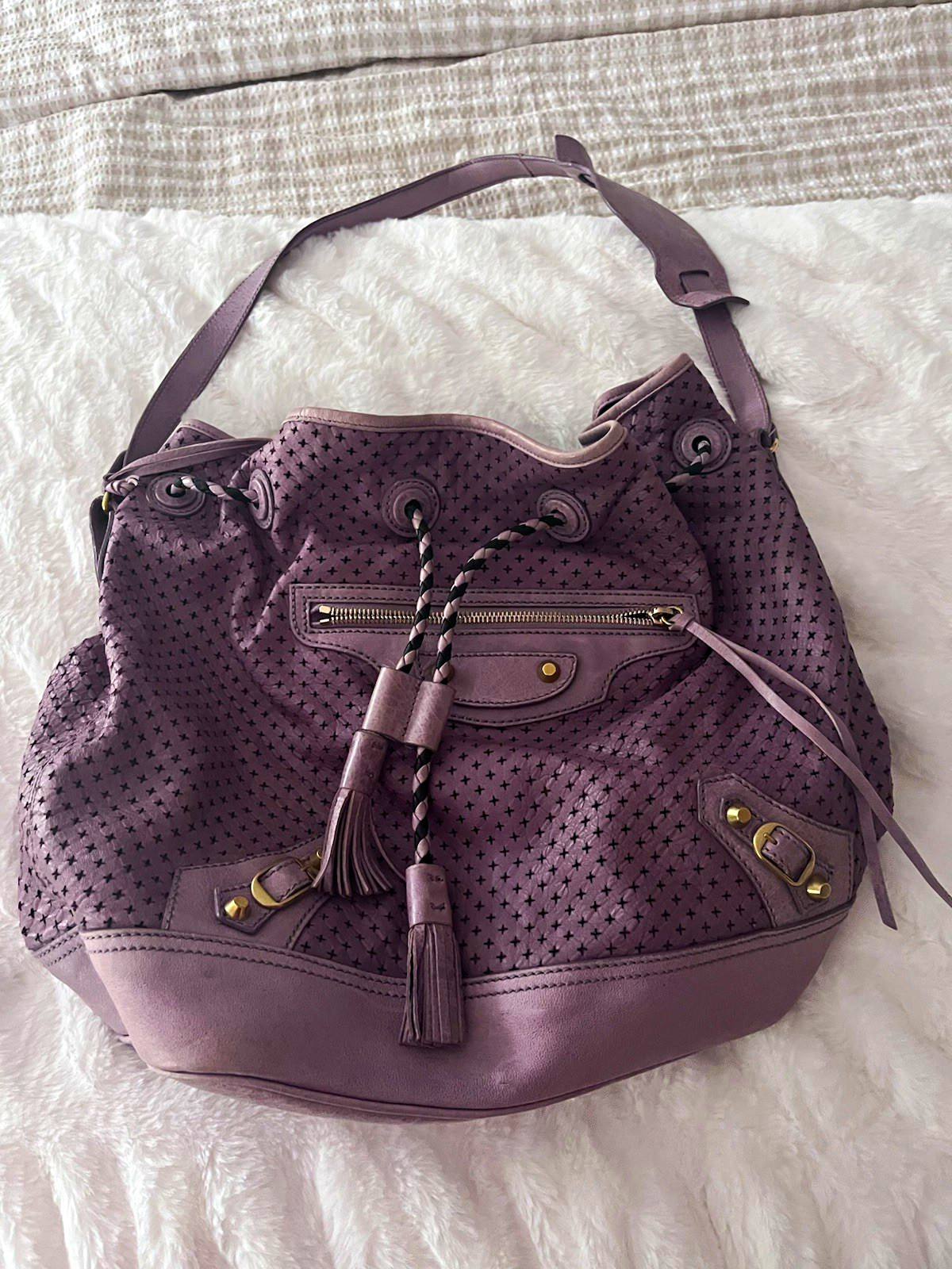 Balenciaga Purple Perforated Bucket Drawstring Bag Mirror Gold Hardware Balenciaga Purple Perforated Bucket Drawstring Bag Mirror Gold Hardware