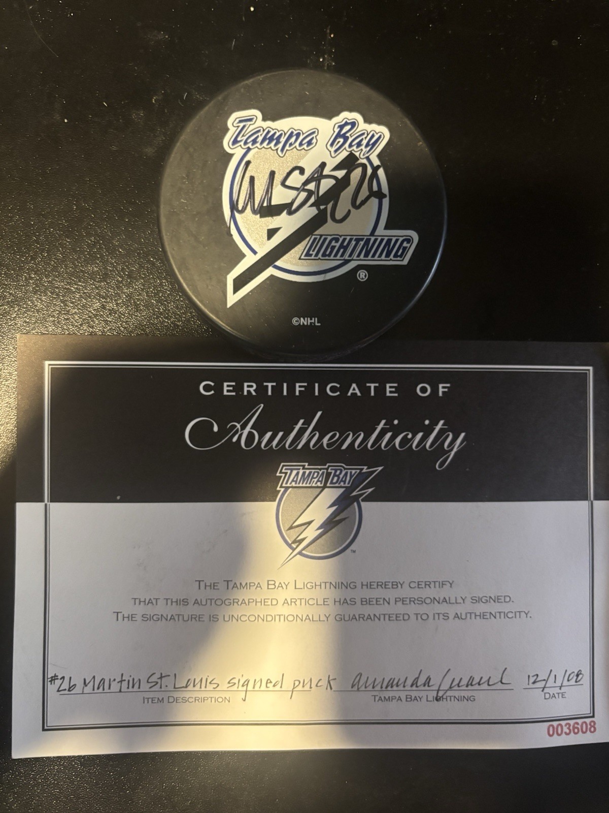 Martin St. Louis Autographed Tampa Bay Lightning Puck With COA Martin St. Louis Autographed Tampa Bay Lightning Puck With COA