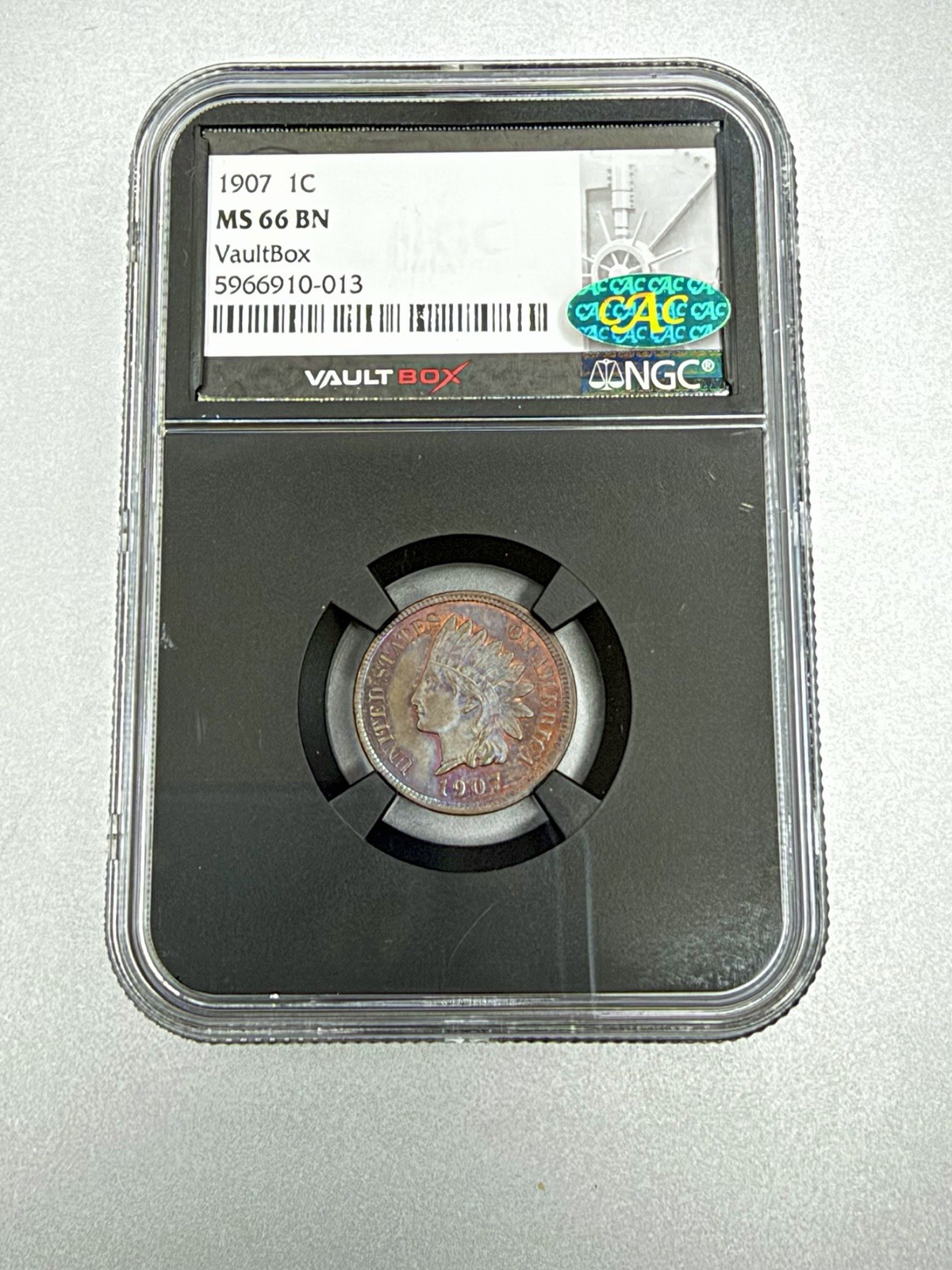 1907 Indian Head Cent NGC MS66 BN CAC VaultBox Rainbow Toned 1C Gem