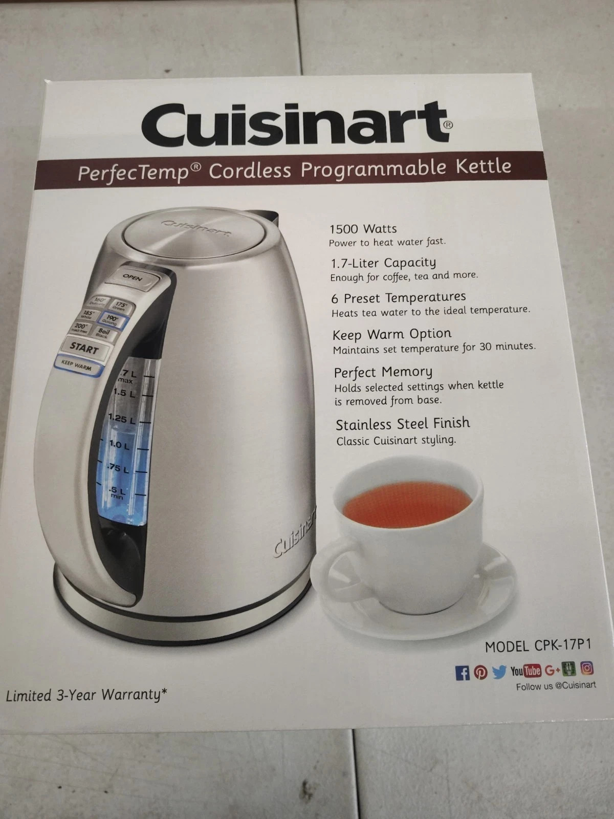 Cuisinart CPK-17P1 PerfecTemp 1.7L Electric Kettle 1500W 6 Temps