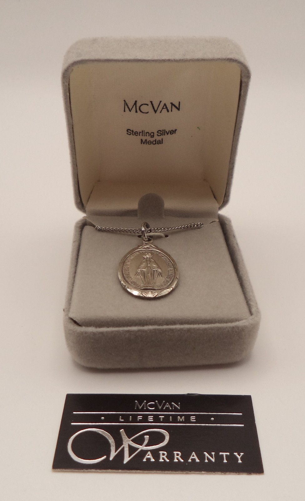 Vintage McVan Sterling Silver Virgin Mary Medal Pendant Necklace 18\