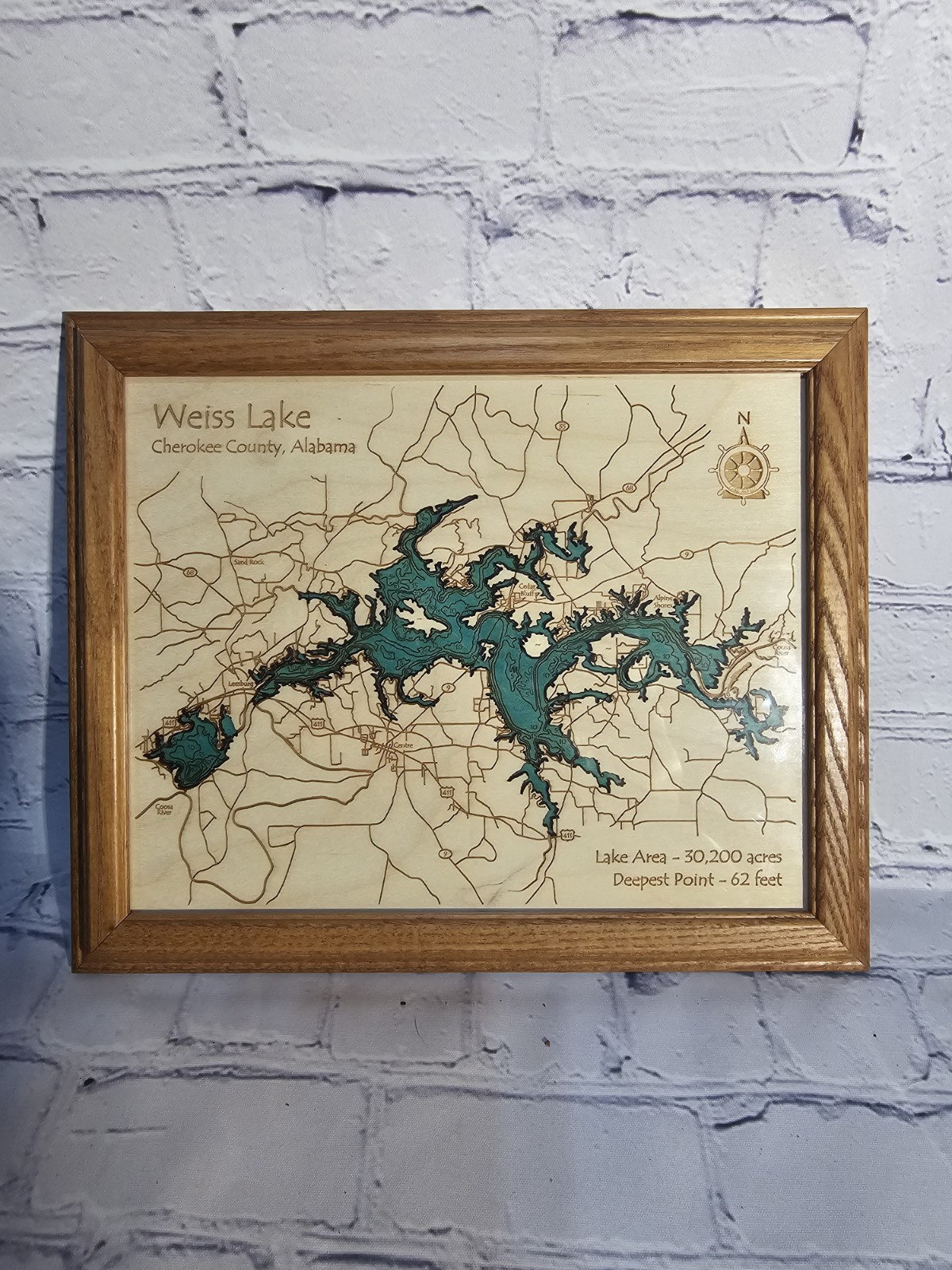Multilayered Weiss Lake Wood Map | Laser Engraved | Hardwood Framed Wall Art